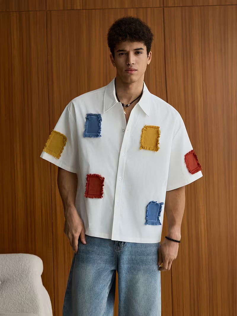 Patchwork Lapel Relaxed Fit Shirt