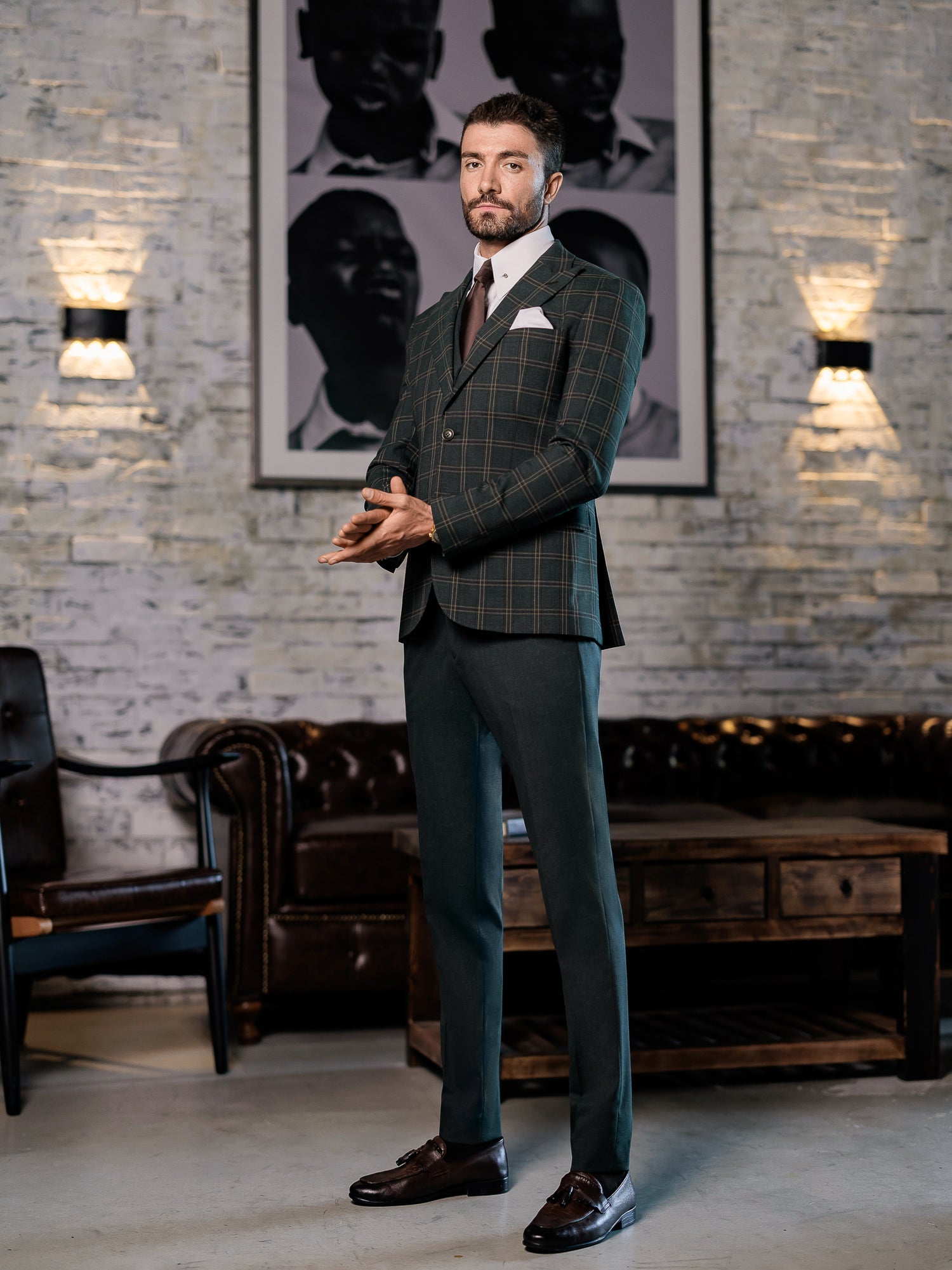 Green Plaid Slim-Fit Suit 3-Piece