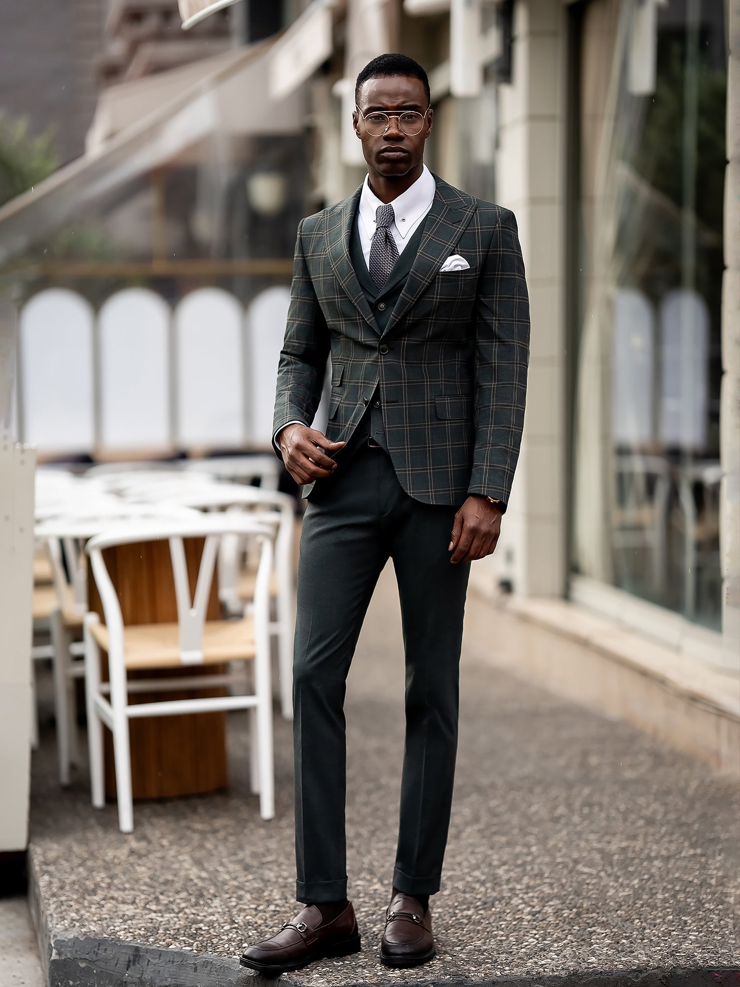 Green Plaid Slim-Fit Suit 3-Piece
