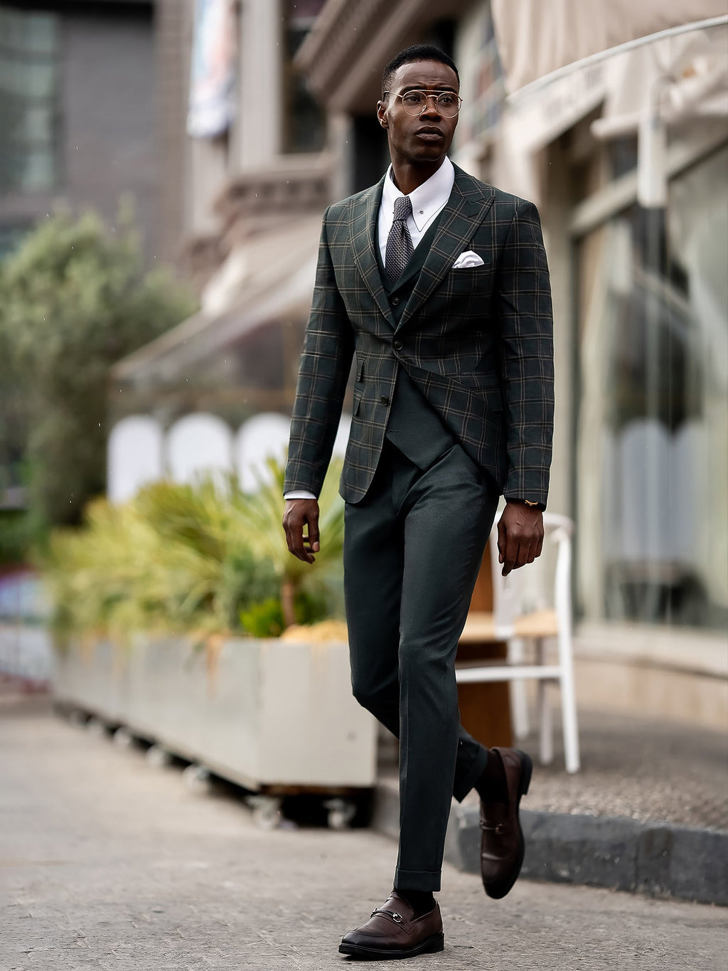 Green Plaid Slim-Fit Suit 3-Piece