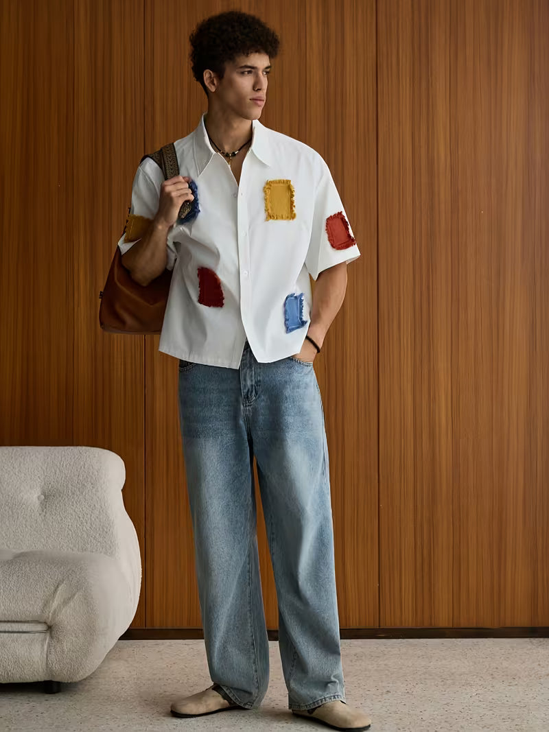 Patchwork Lapel Relaxed Fit Shirt