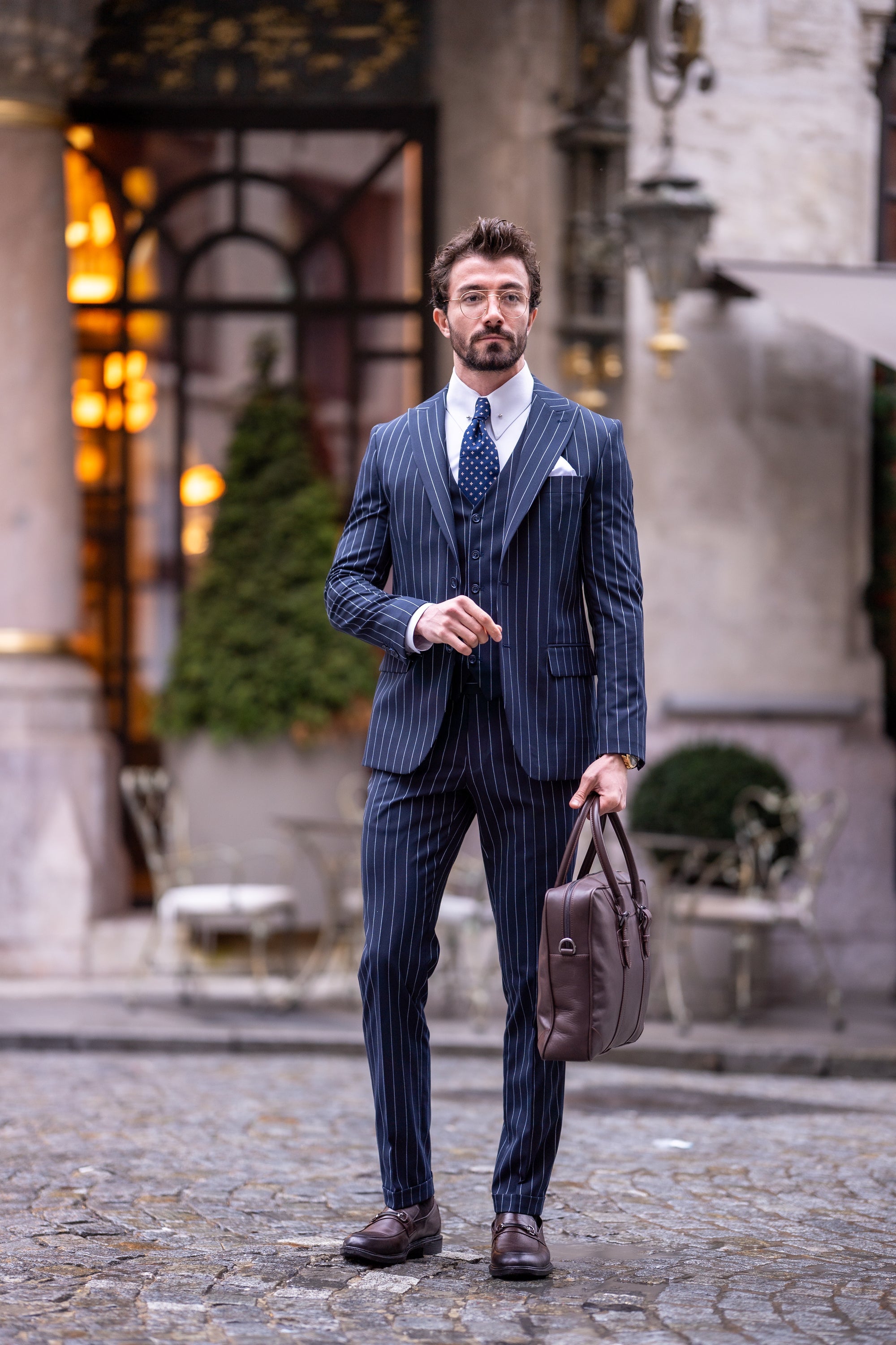 Navy Striped Slim-Fit Suit 3-Piece