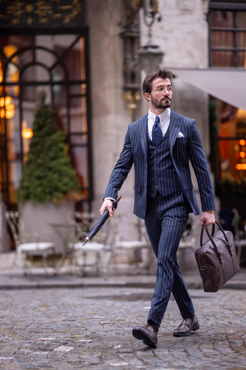 Navy Striped Slim-Fit Suit 3-Piece