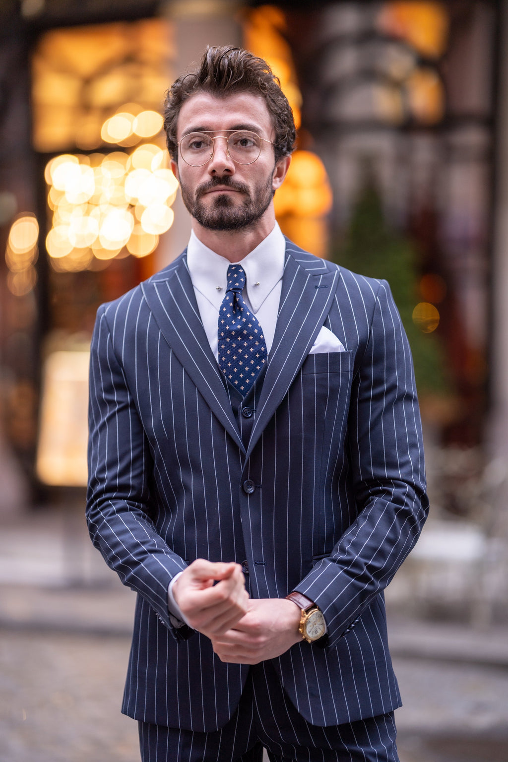 Navy Striped Slim-Fit Suit 3-Piece