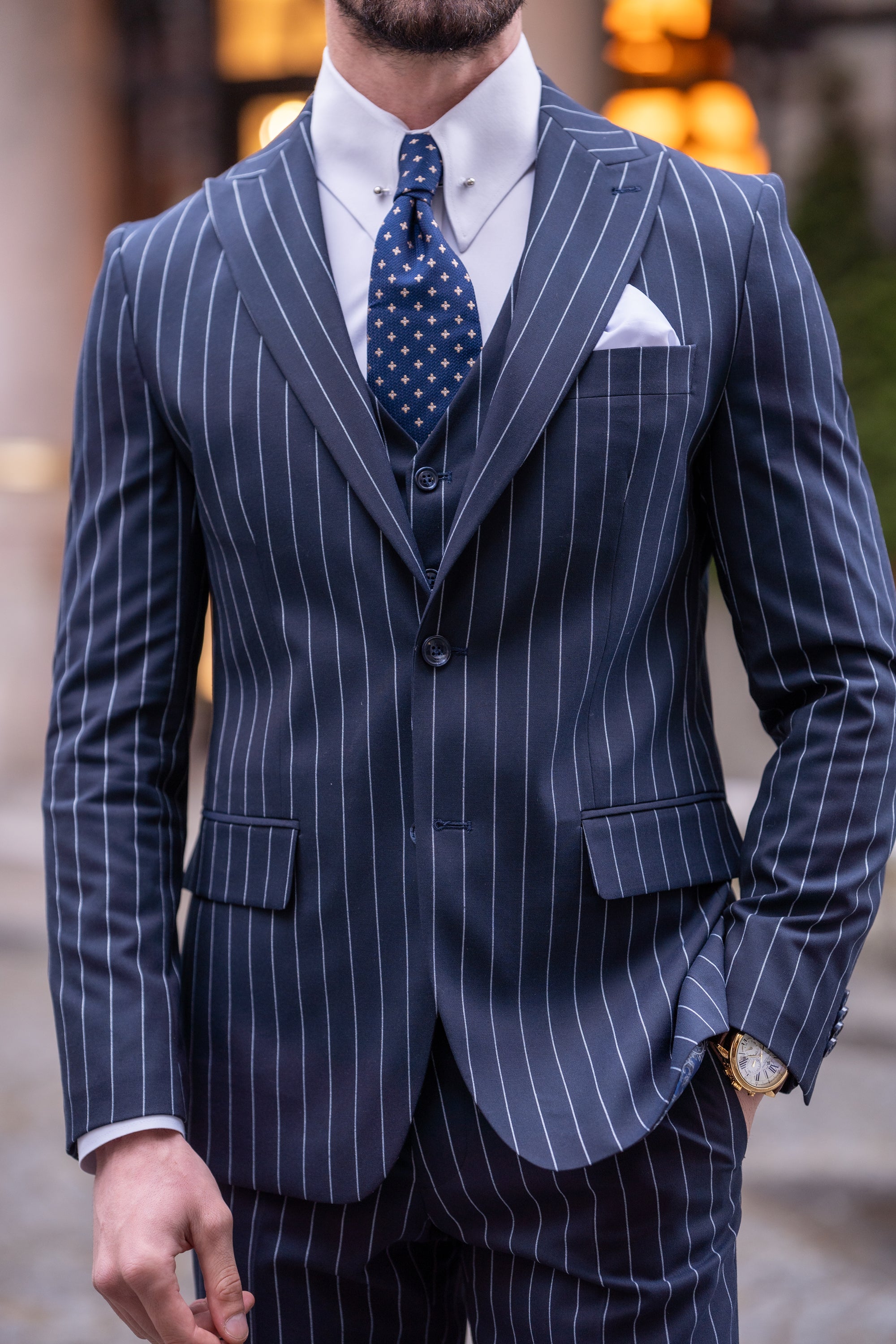 Navy Striped Slim-Fit Suit 3-Piece