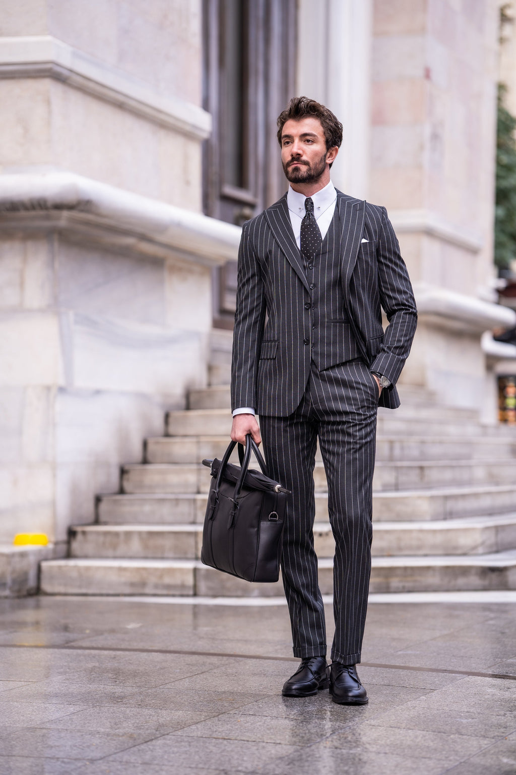 Black Striped Slim-Fit Suit 3-Piece