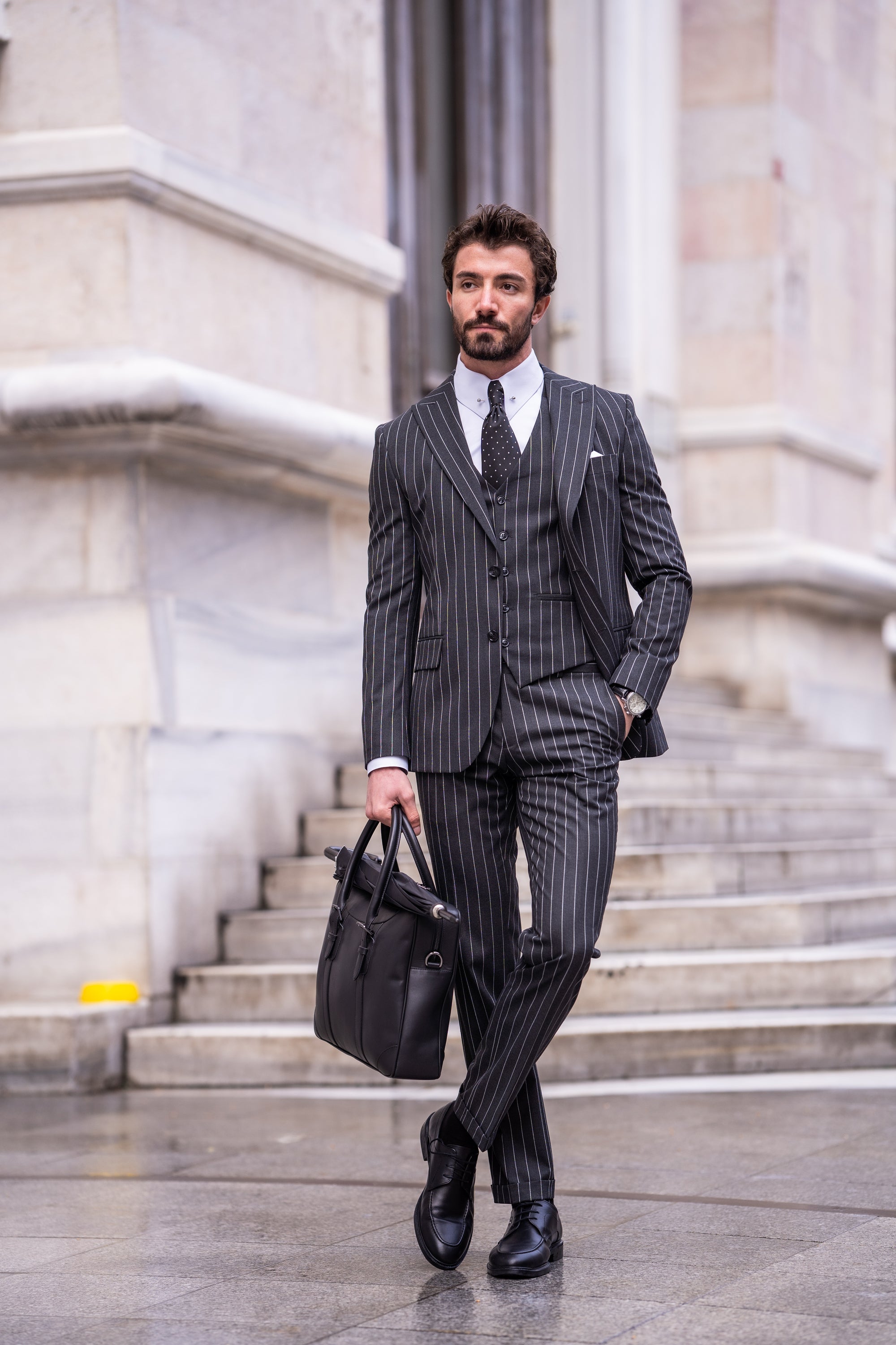 Black Striped Slim-Fit Suit 3-Piece