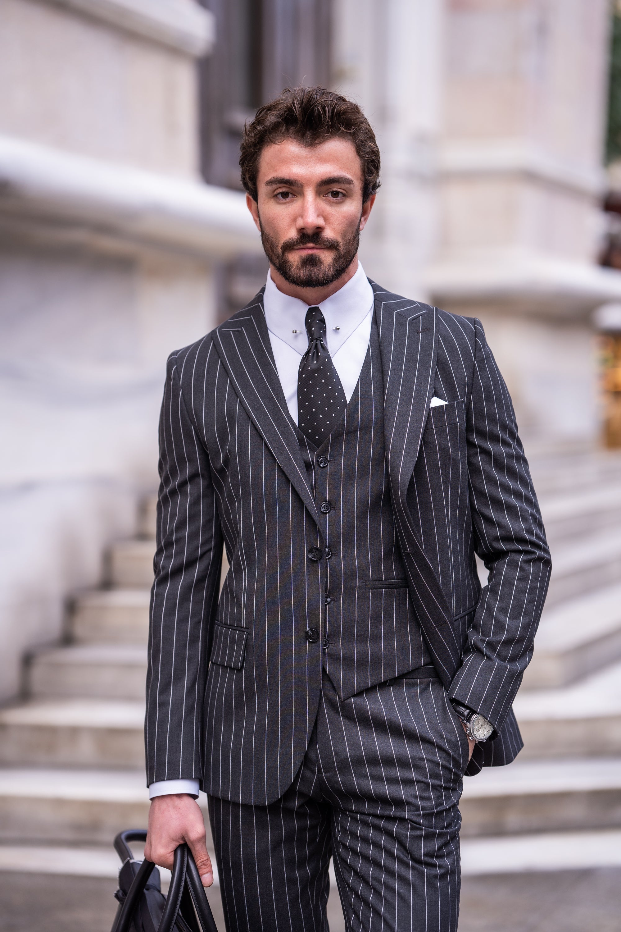 Black Striped Slim-Fit Suit 3-Piece