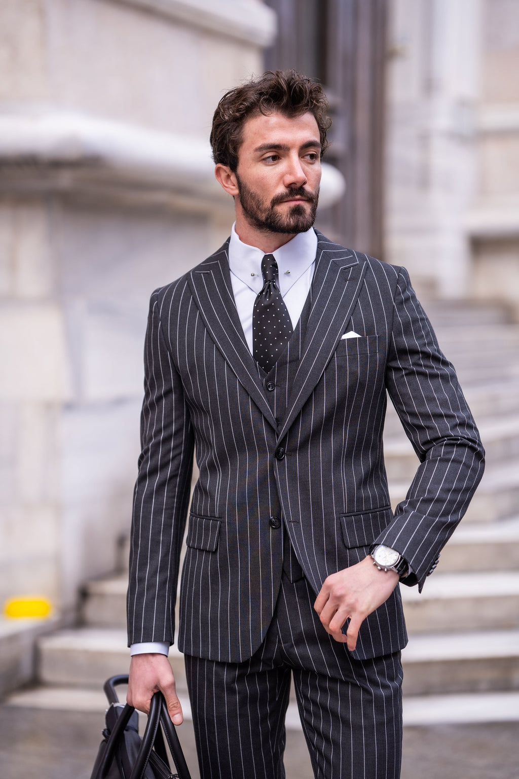 Black Striped Slim-Fit Suit 3-Piece