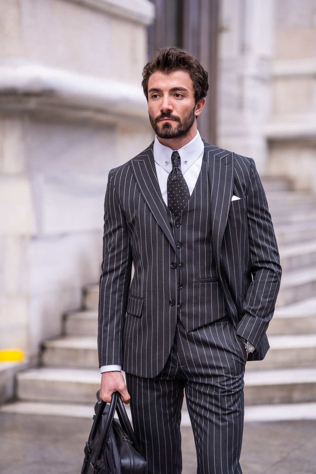 Black Striped Slim-Fit Suit 3-Piece