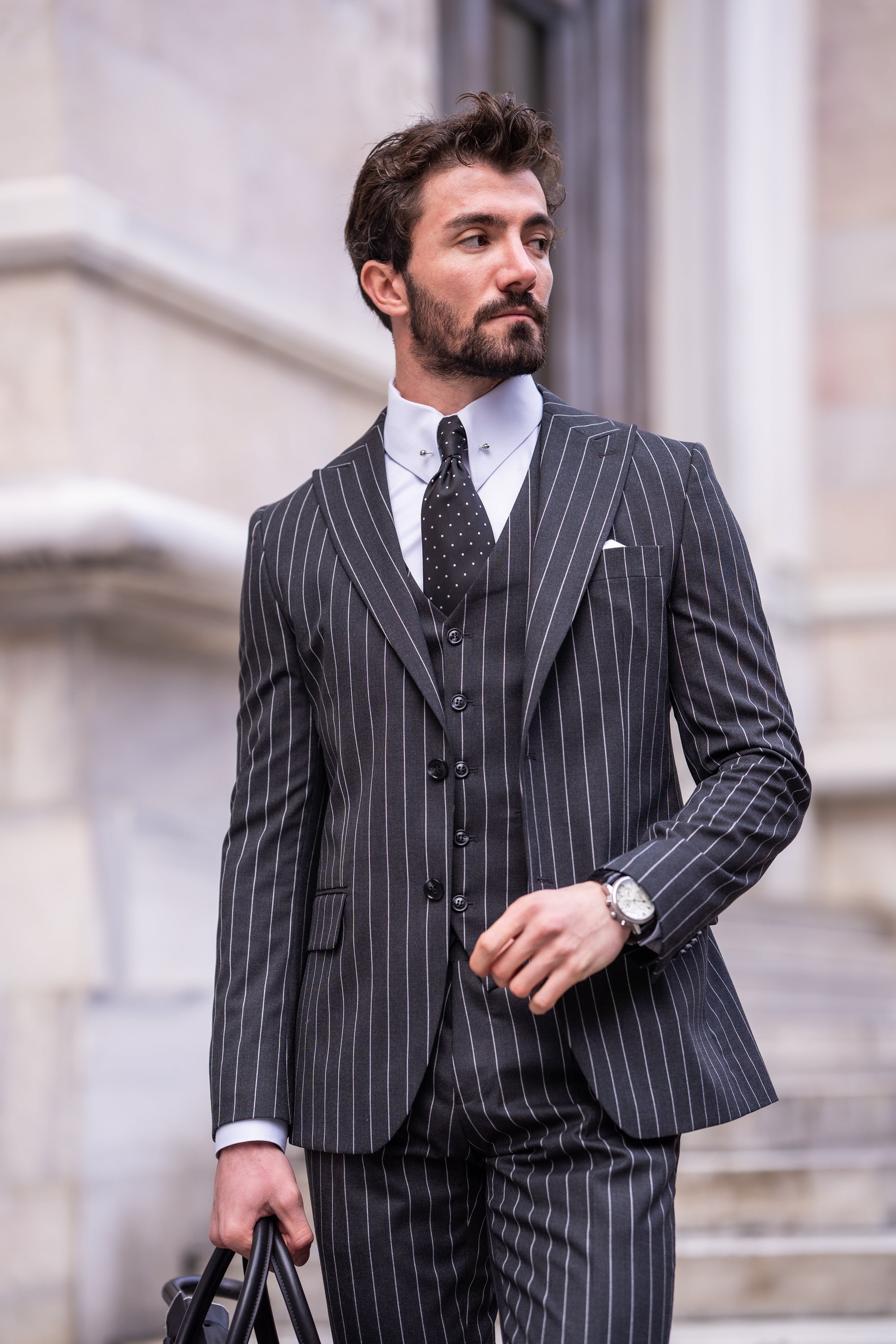Black Striped Slim-Fit Suit 3-Piece