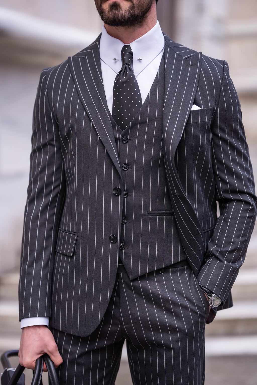 Black Striped Slim-Fit Suit 3-Piece