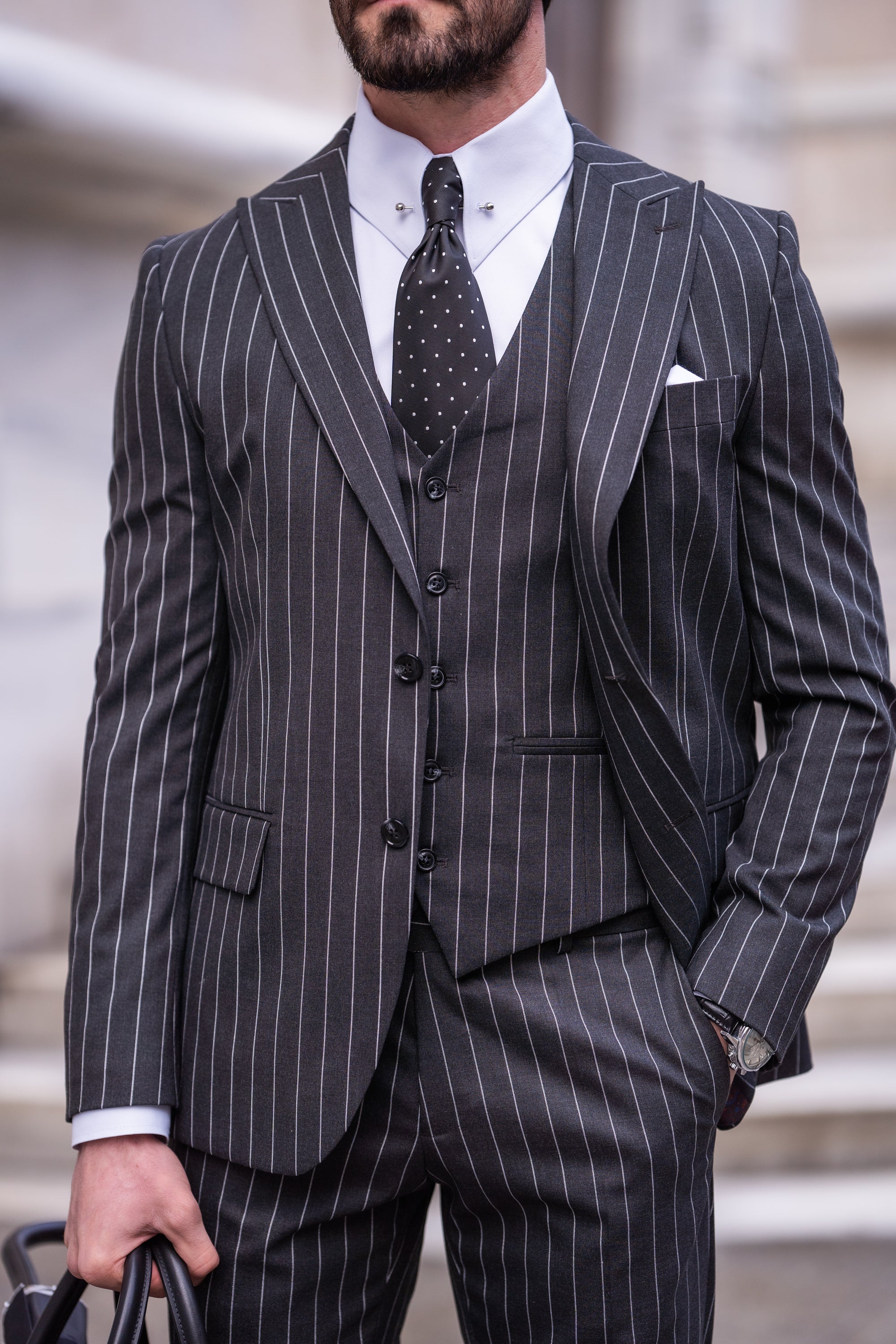 Black Striped Slim-Fit Suit 3-Piece