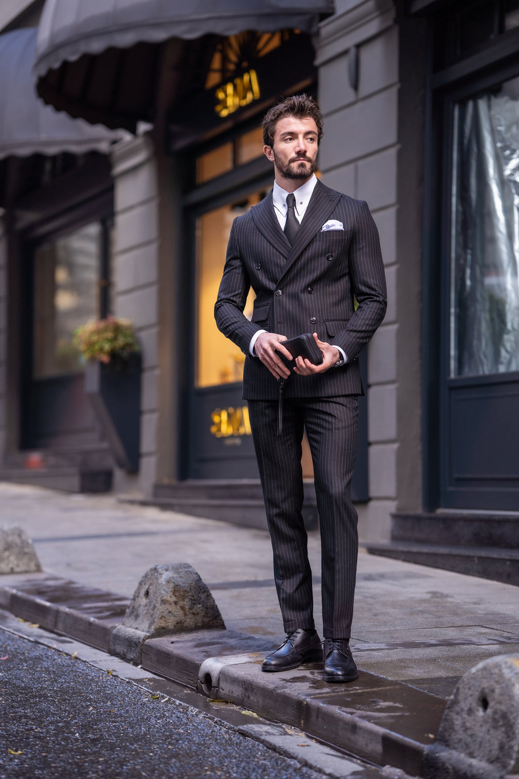 Black Striped Double Breasted Suit 2-Piece