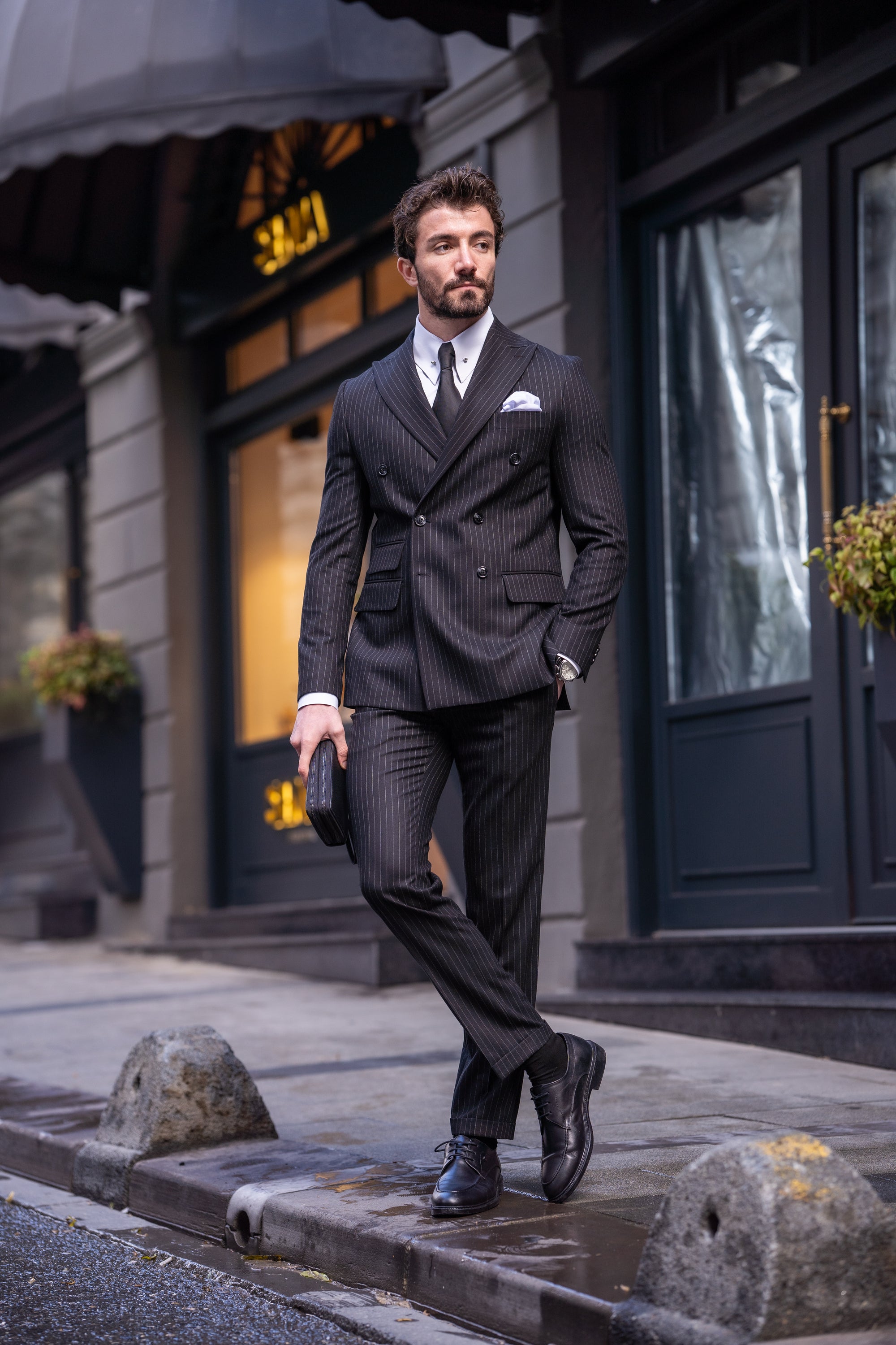 Black Striped Double Breasted Suit 2-Piece