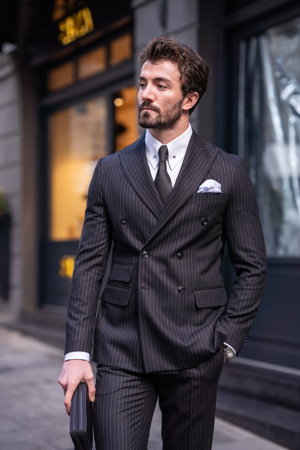 Black Striped Double Breasted Suit 2-Piece