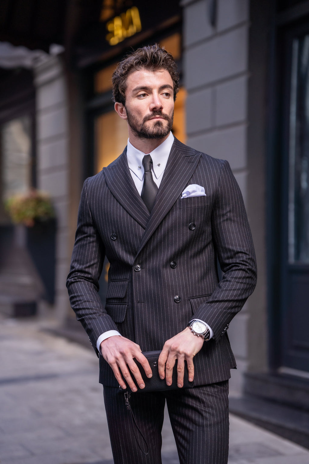 Black Striped Double Breasted Suit 2-Piece
