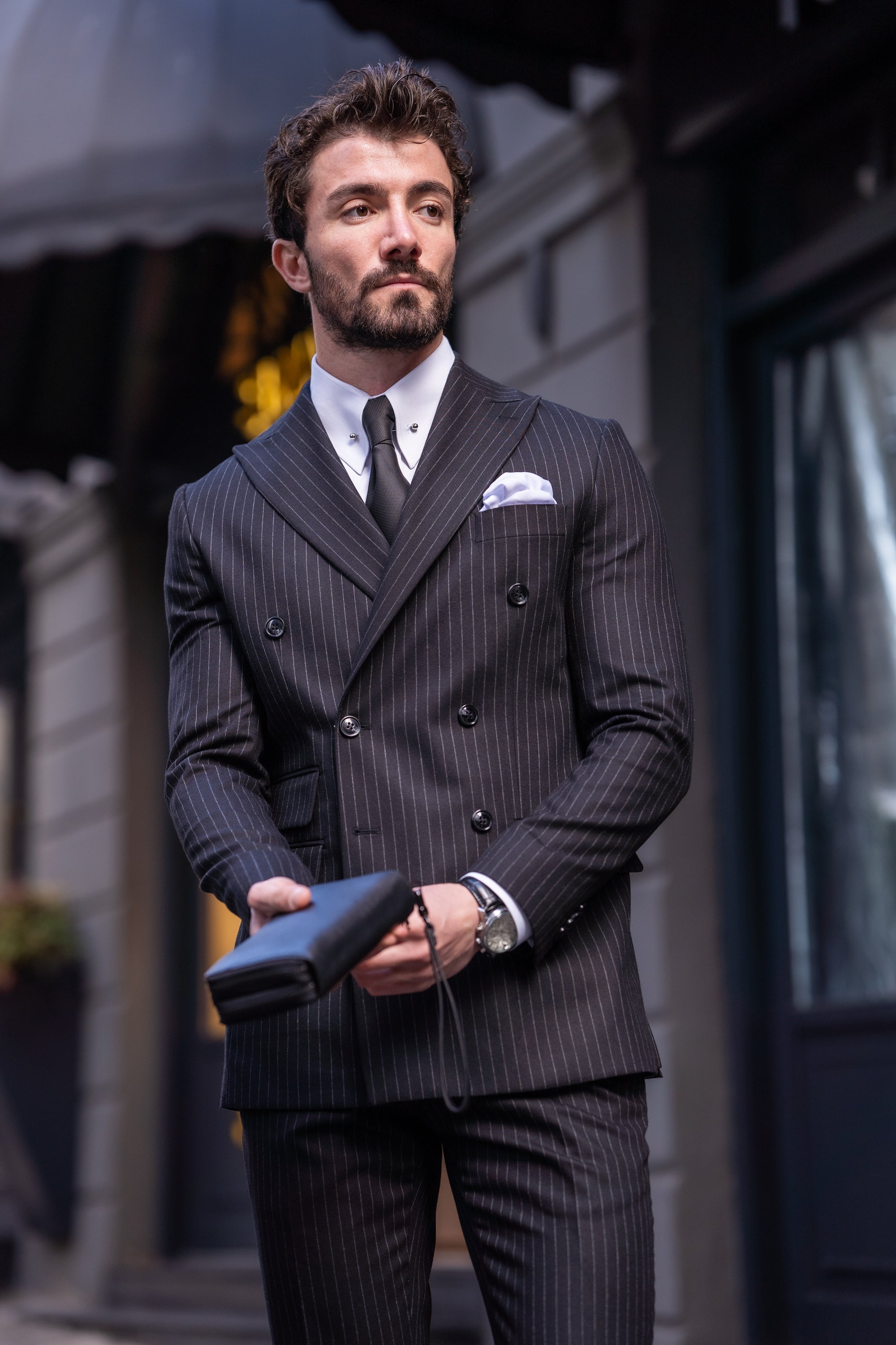 Black Striped Double Breasted Suit 2-Piece