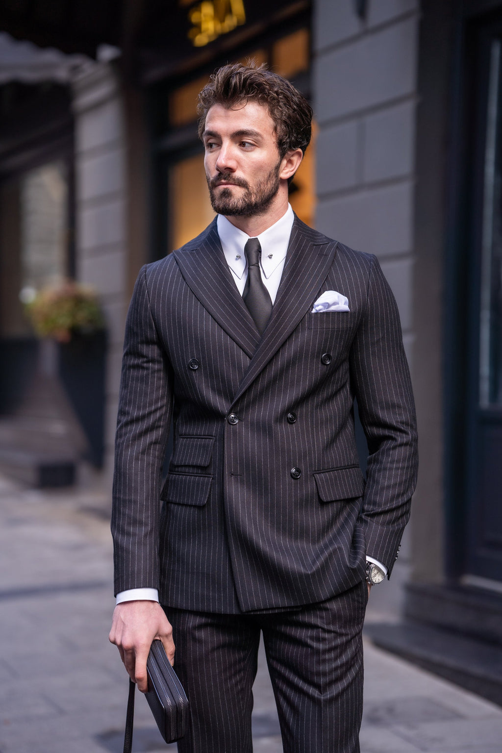 Black Striped Double Breasted Suit 2-Piece