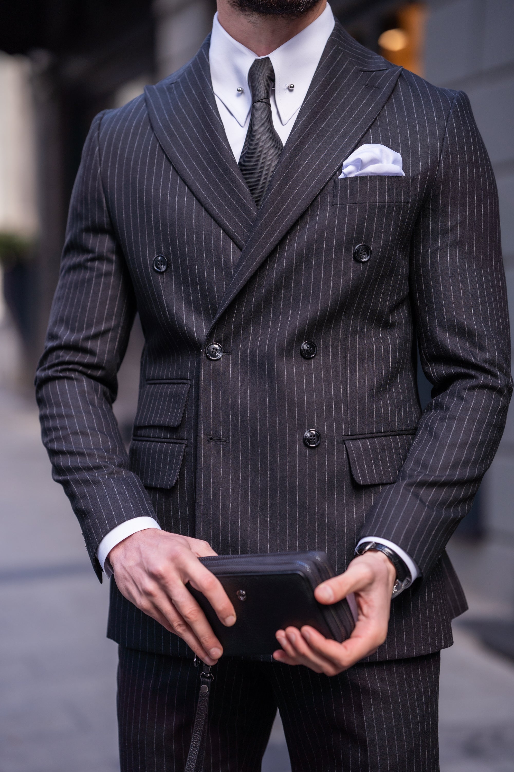 Black Striped Double Breasted Suit 2-Piece