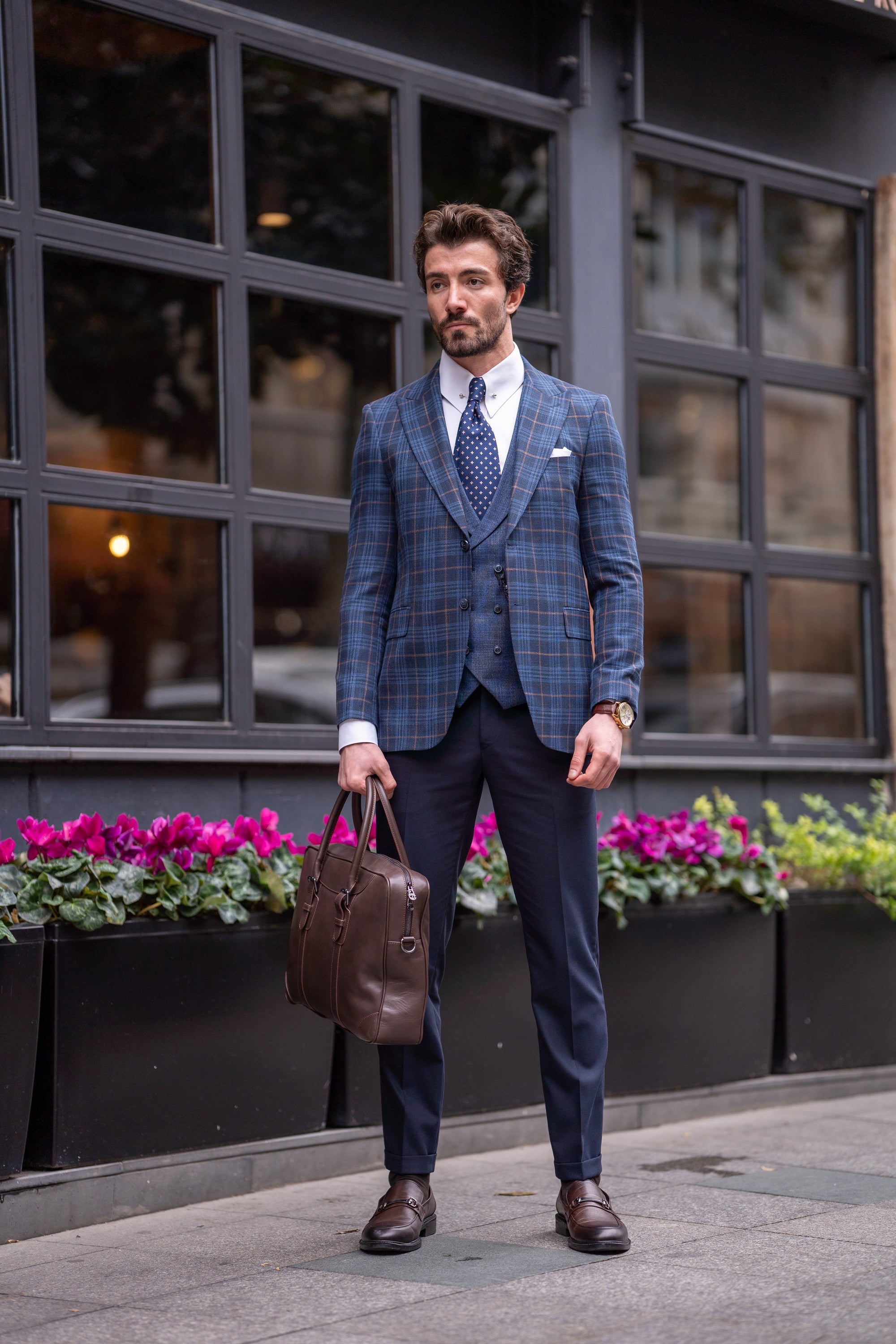 Navy Plaid Slim-Fit Suit 3-Piece