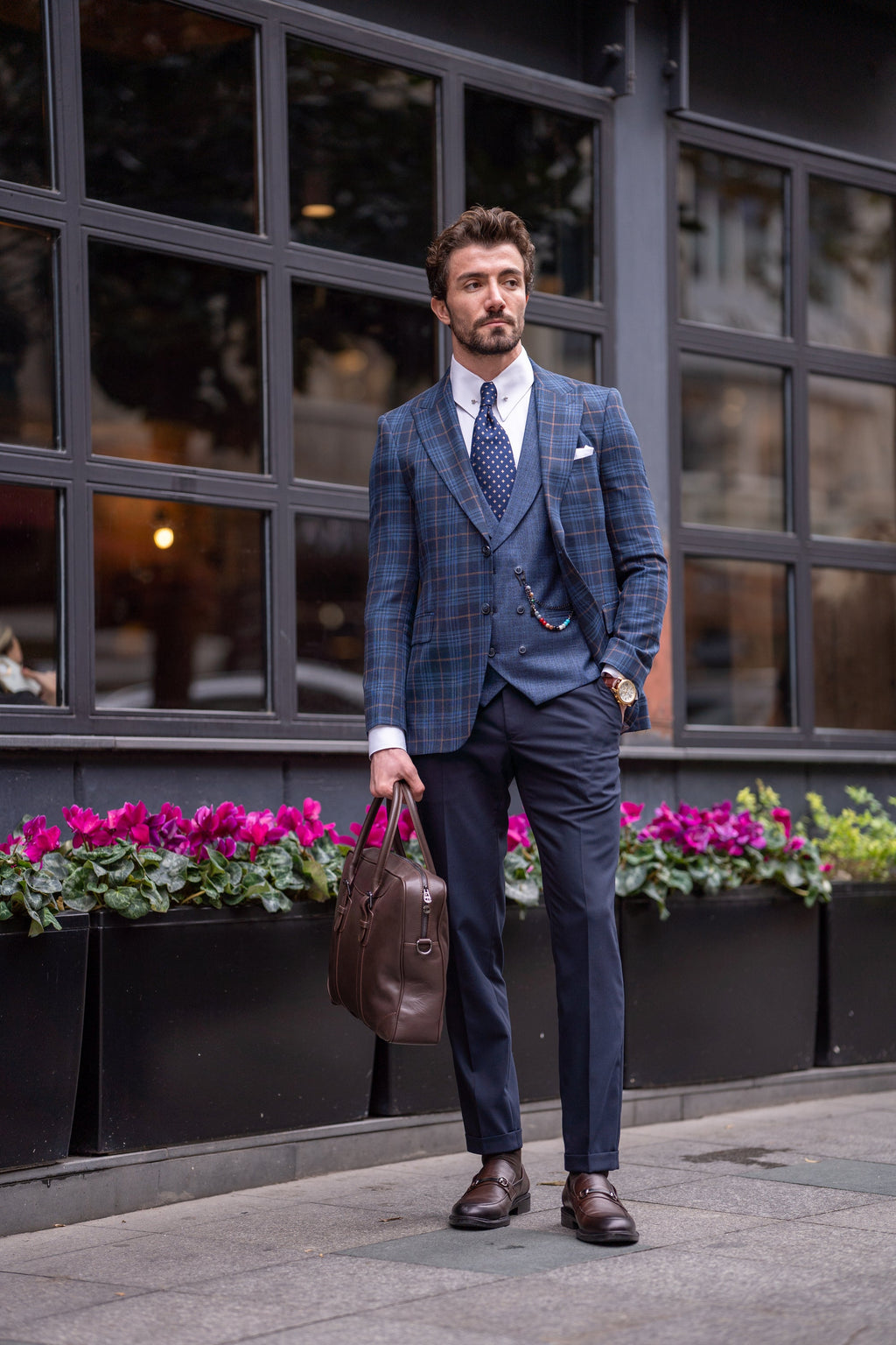 Navy Plaid Slim-Fit Suit 3-Piece