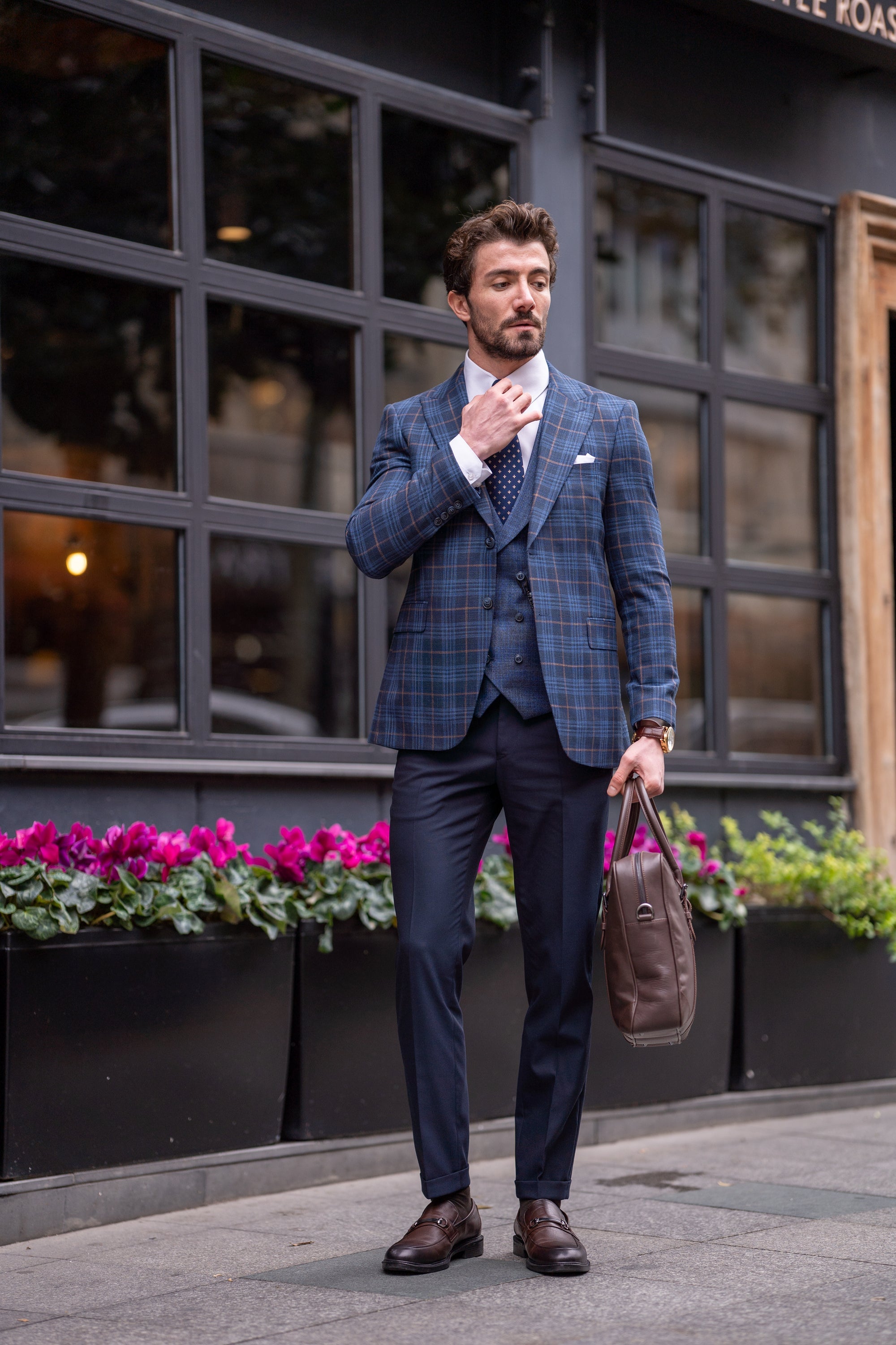 Navy Plaid Slim-Fit Suit 3-Piece