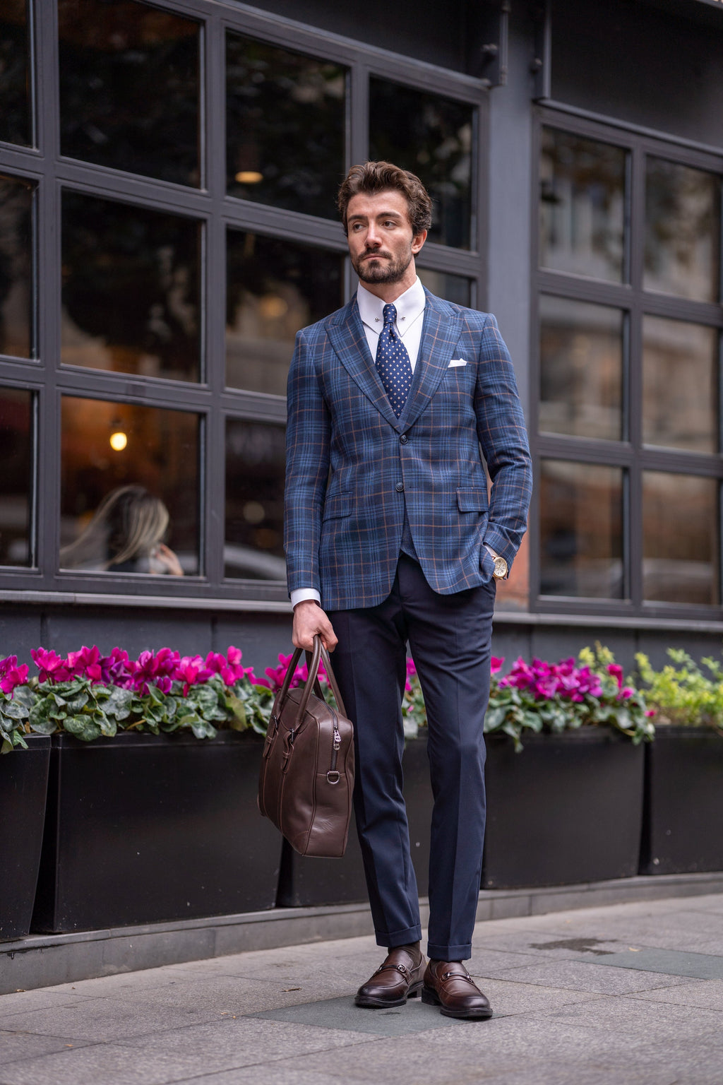 Navy Plaid Slim-Fit Suit 3-Piece