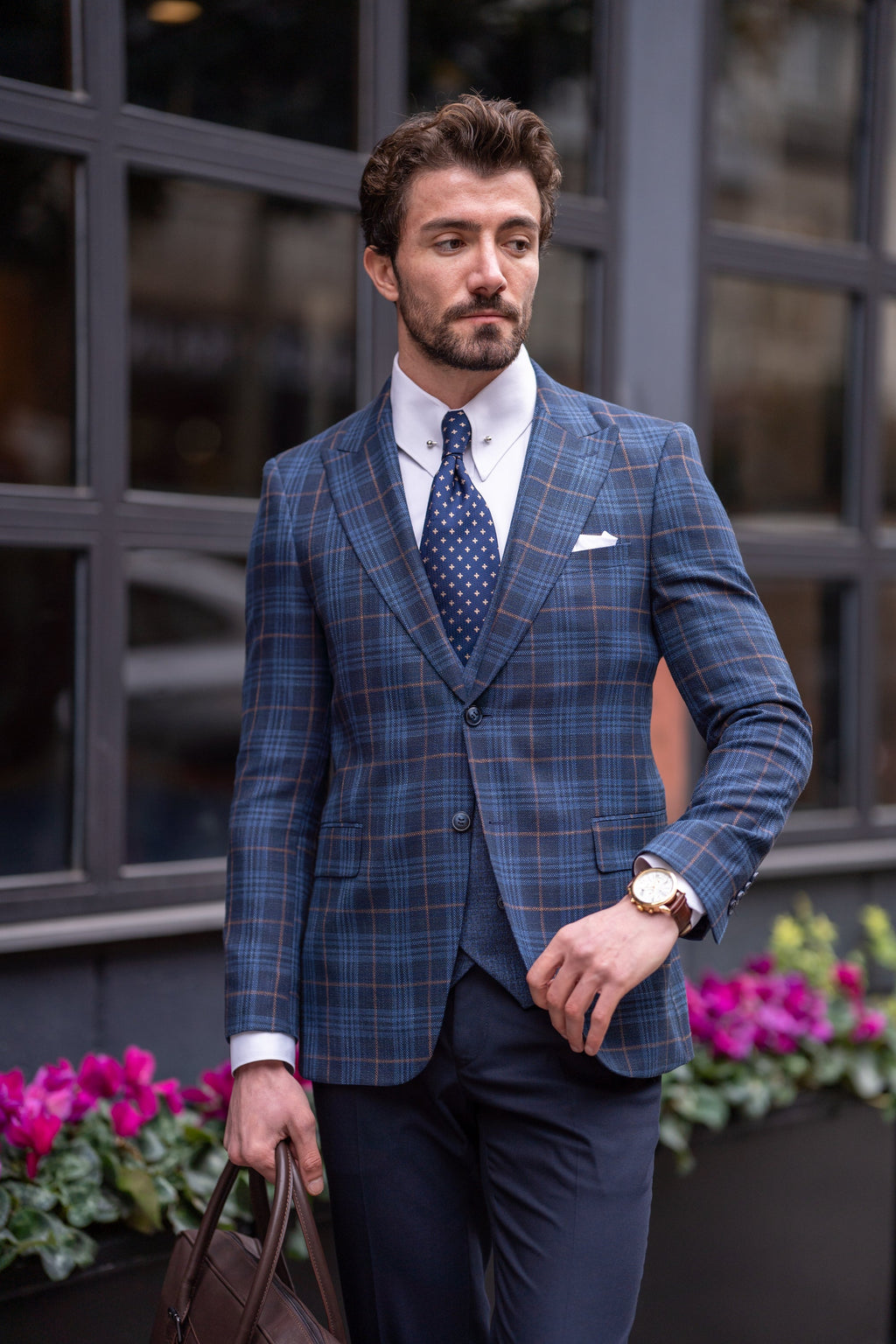 Navy Plaid Slim-Fit Suit 3-Piece