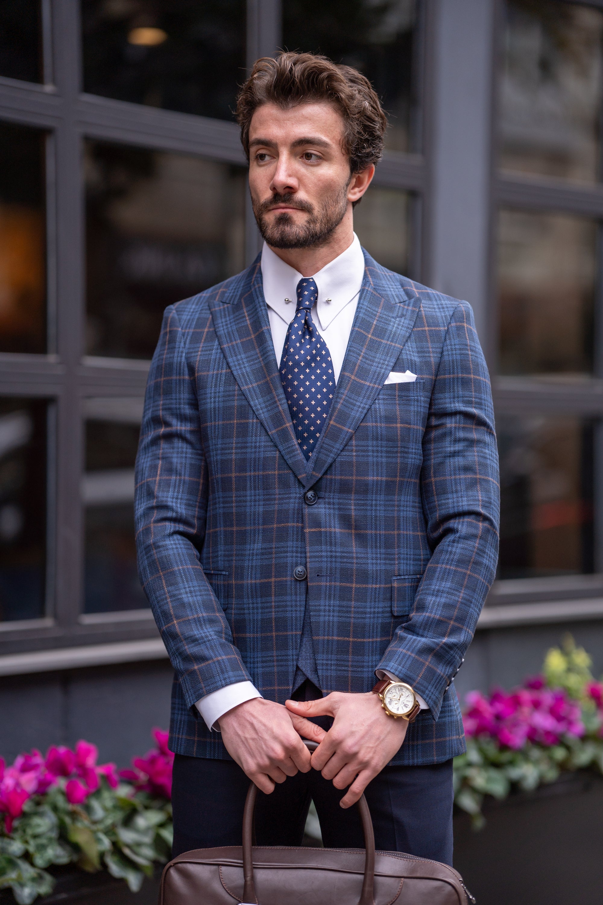 Navy Plaid Slim-Fit Suit 3-Piece