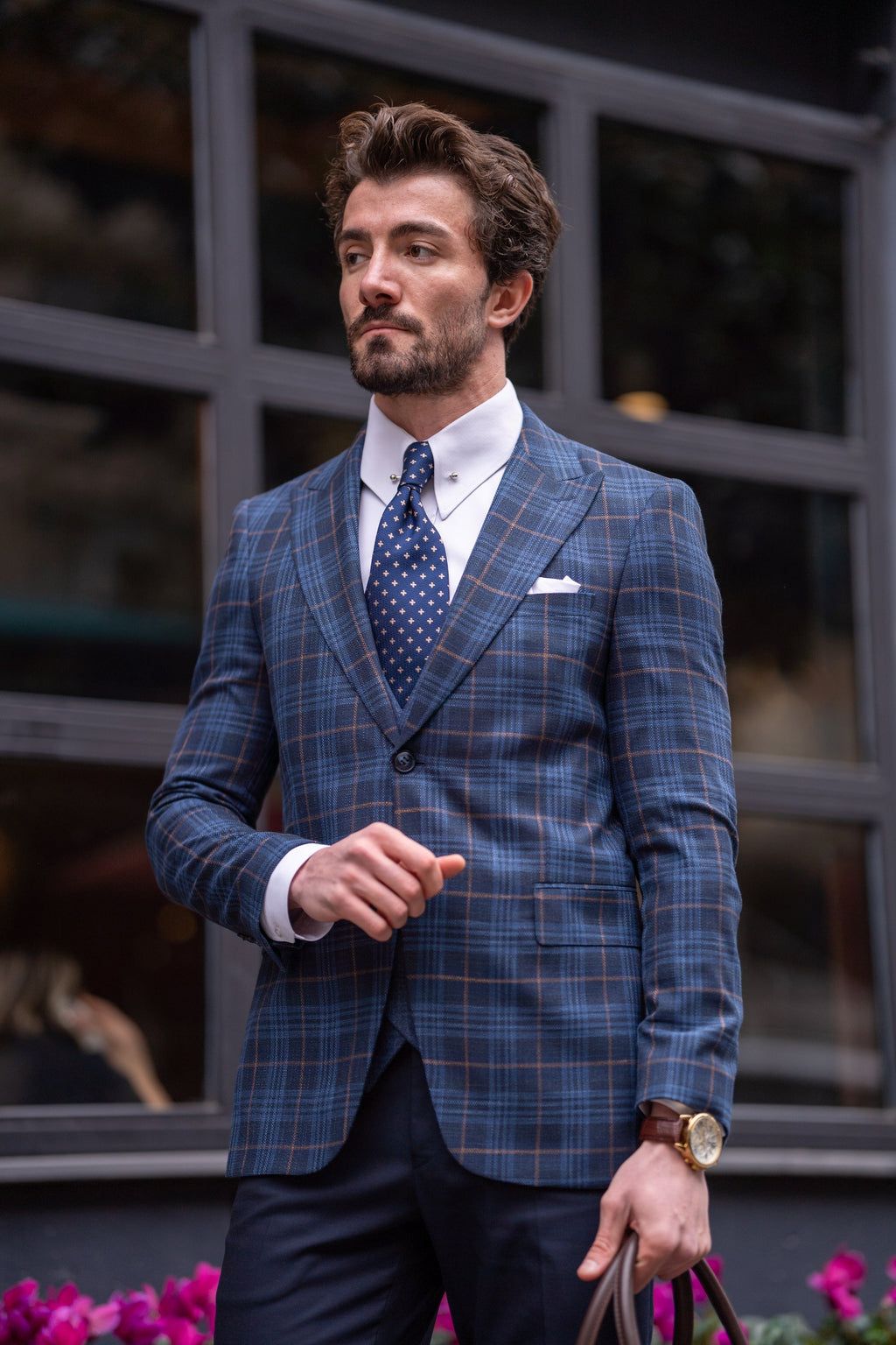 Navy Plaid Slim-Fit Suit 3-Piece