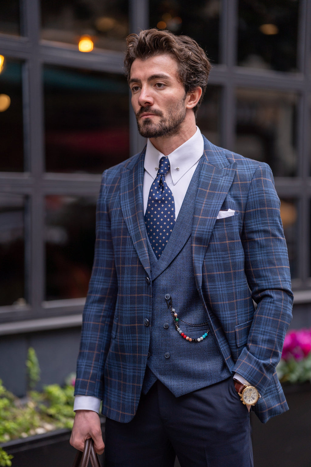 Navy Plaid Slim-Fit Suit 3-Piece