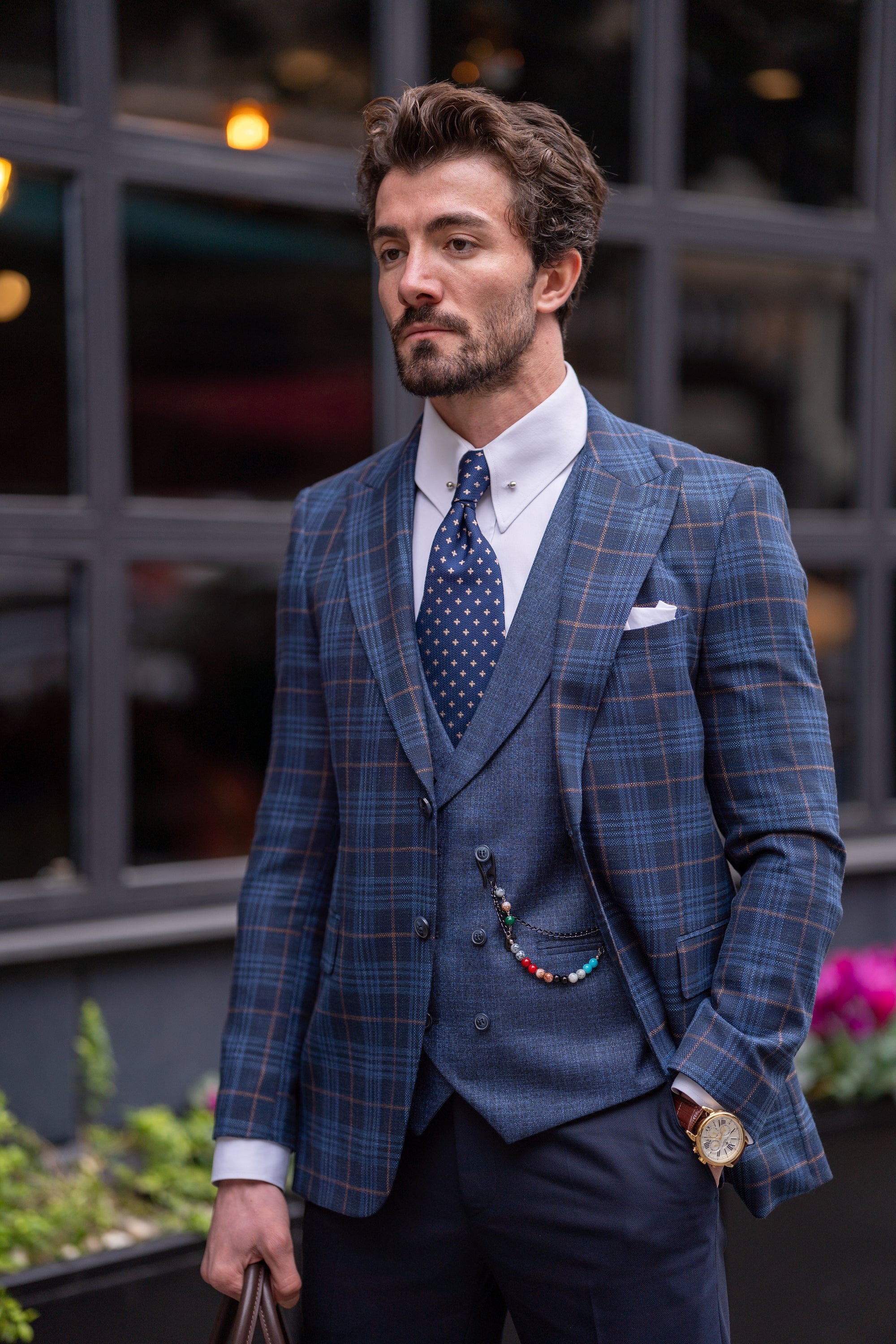 Navy Plaid Slim-Fit Suit 3-Piece