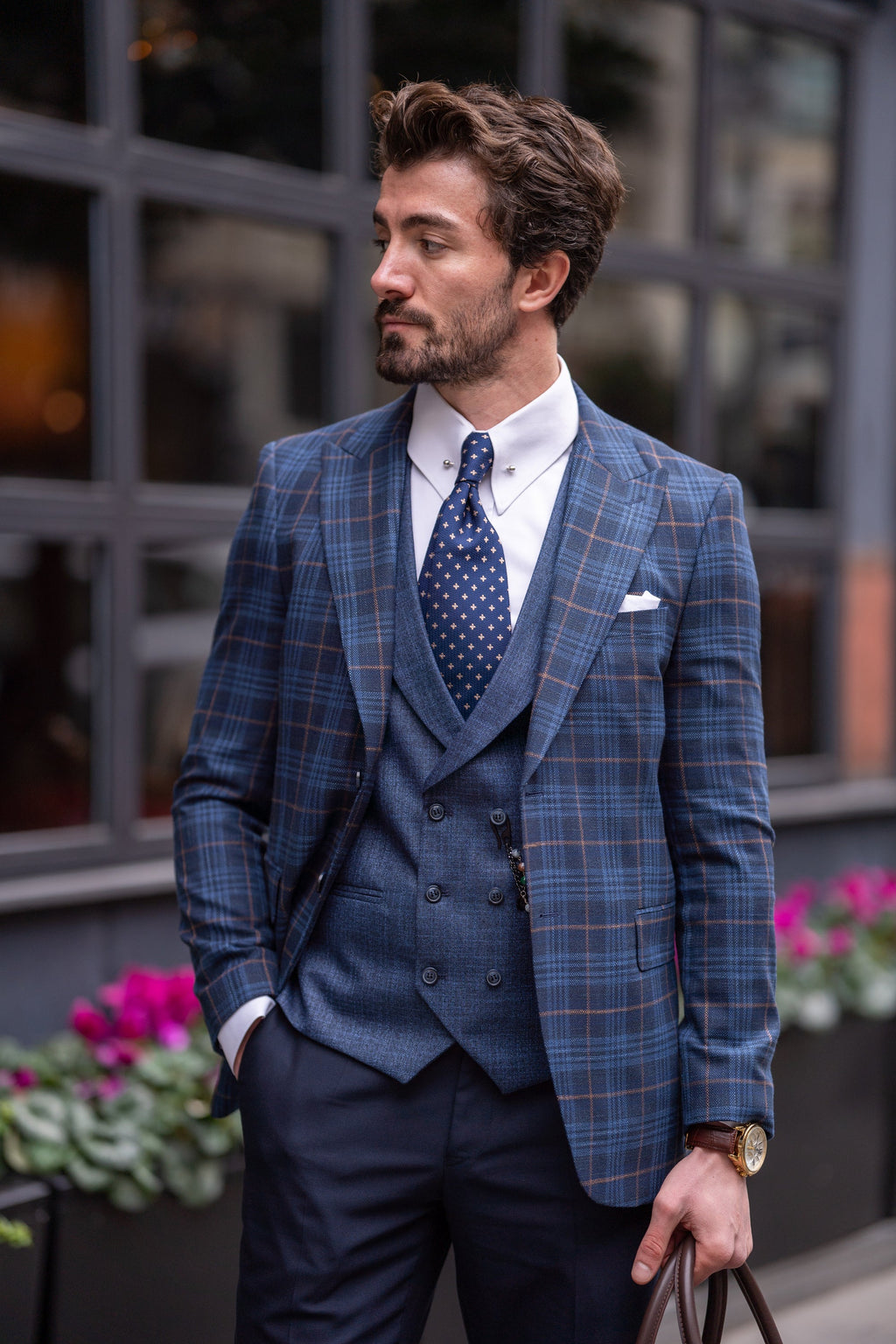 Navy Plaid Slim-Fit Suit 3-Piece