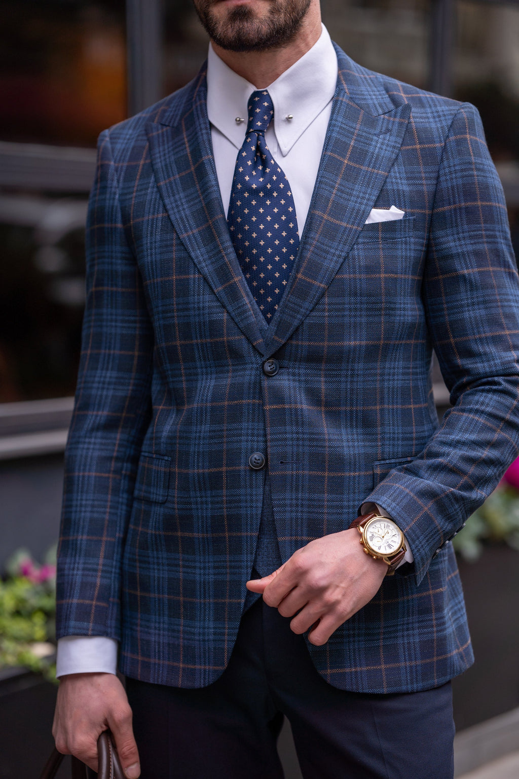 Navy Plaid Slim-Fit Suit 3-Piece
