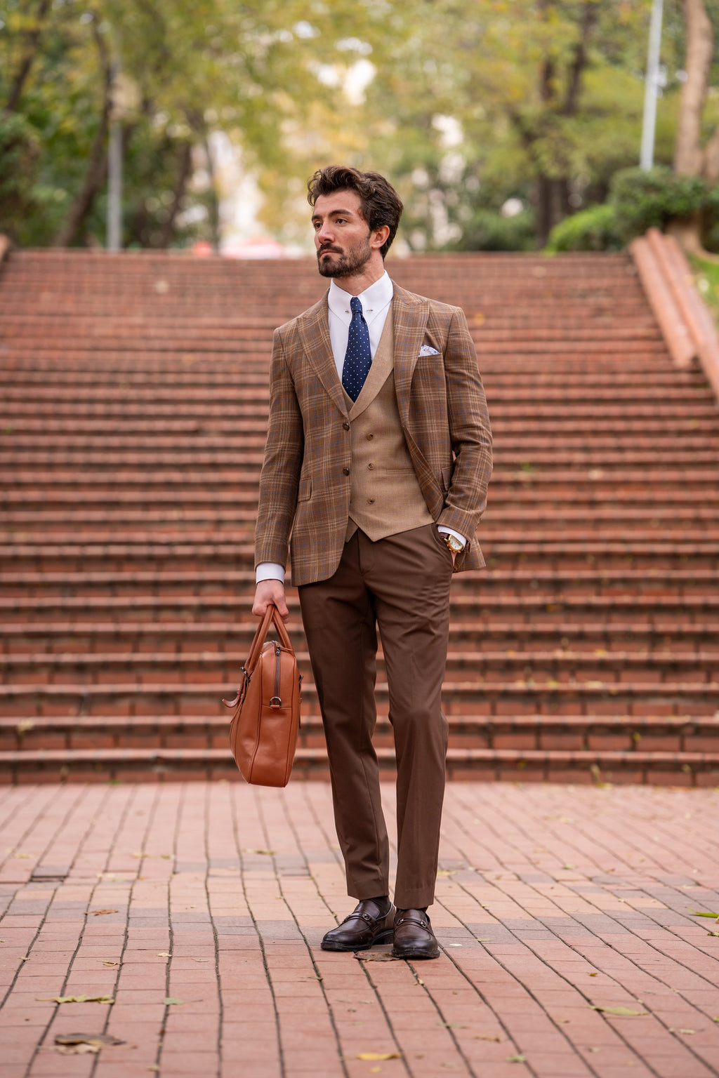 Brown Plaid Slim-Fit Suit 3-Piece