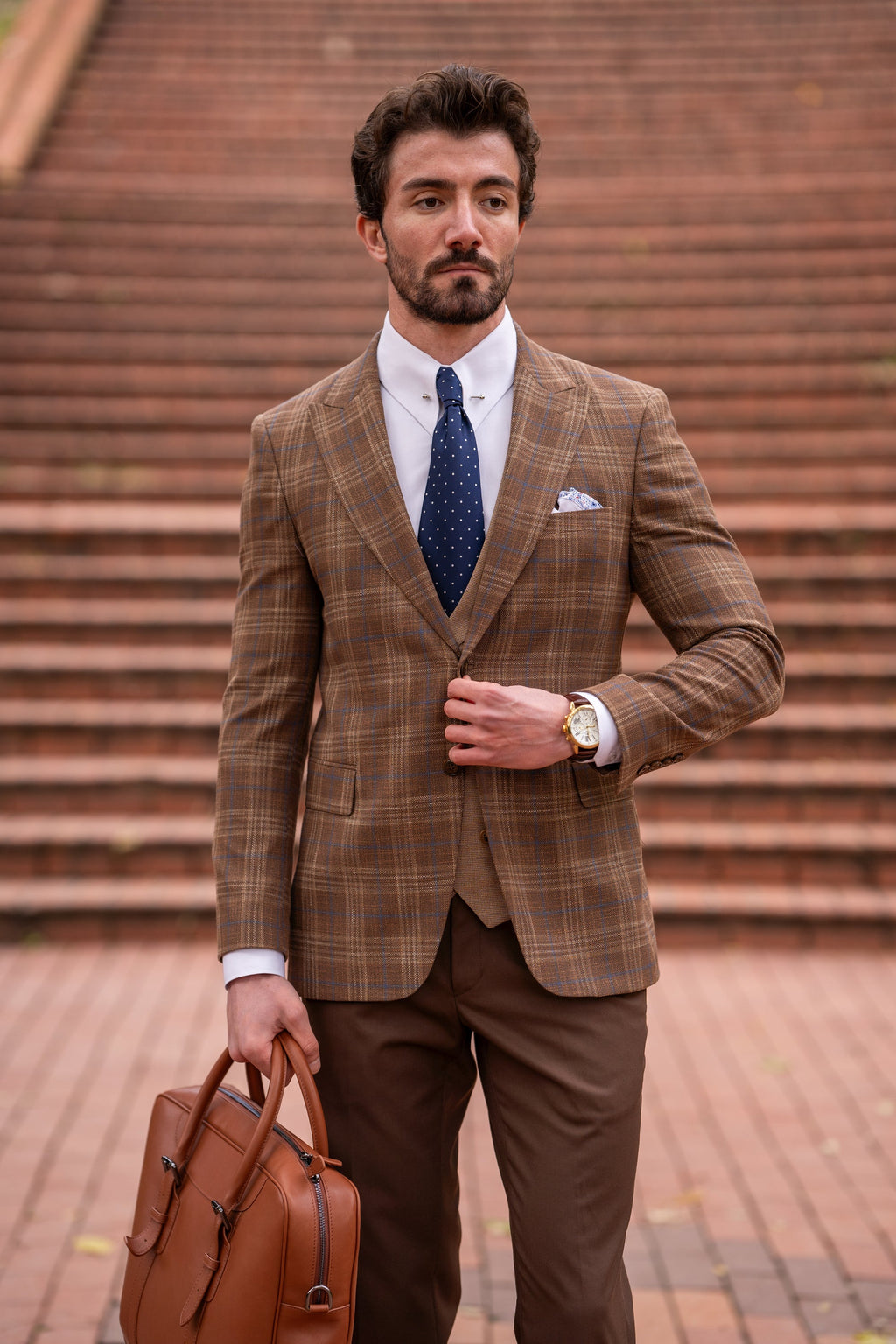 Brown Plaid Slim-Fit Suit 3-Piece