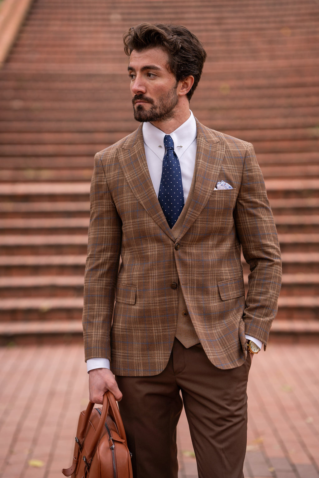 Brown Plaid Slim-Fit Suit 3-Piece