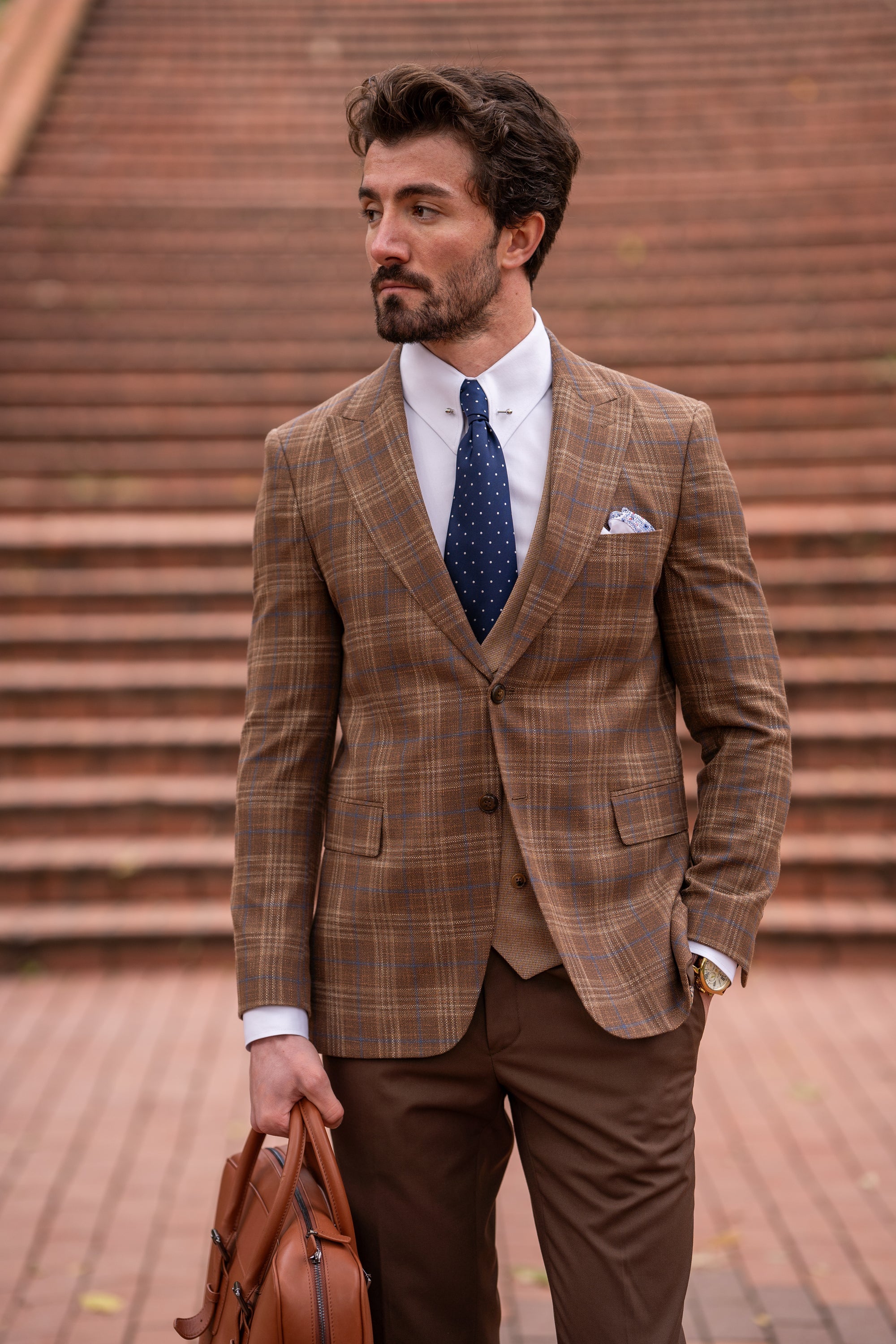 Brown Plaid Slim-Fit Suit 3-Piece