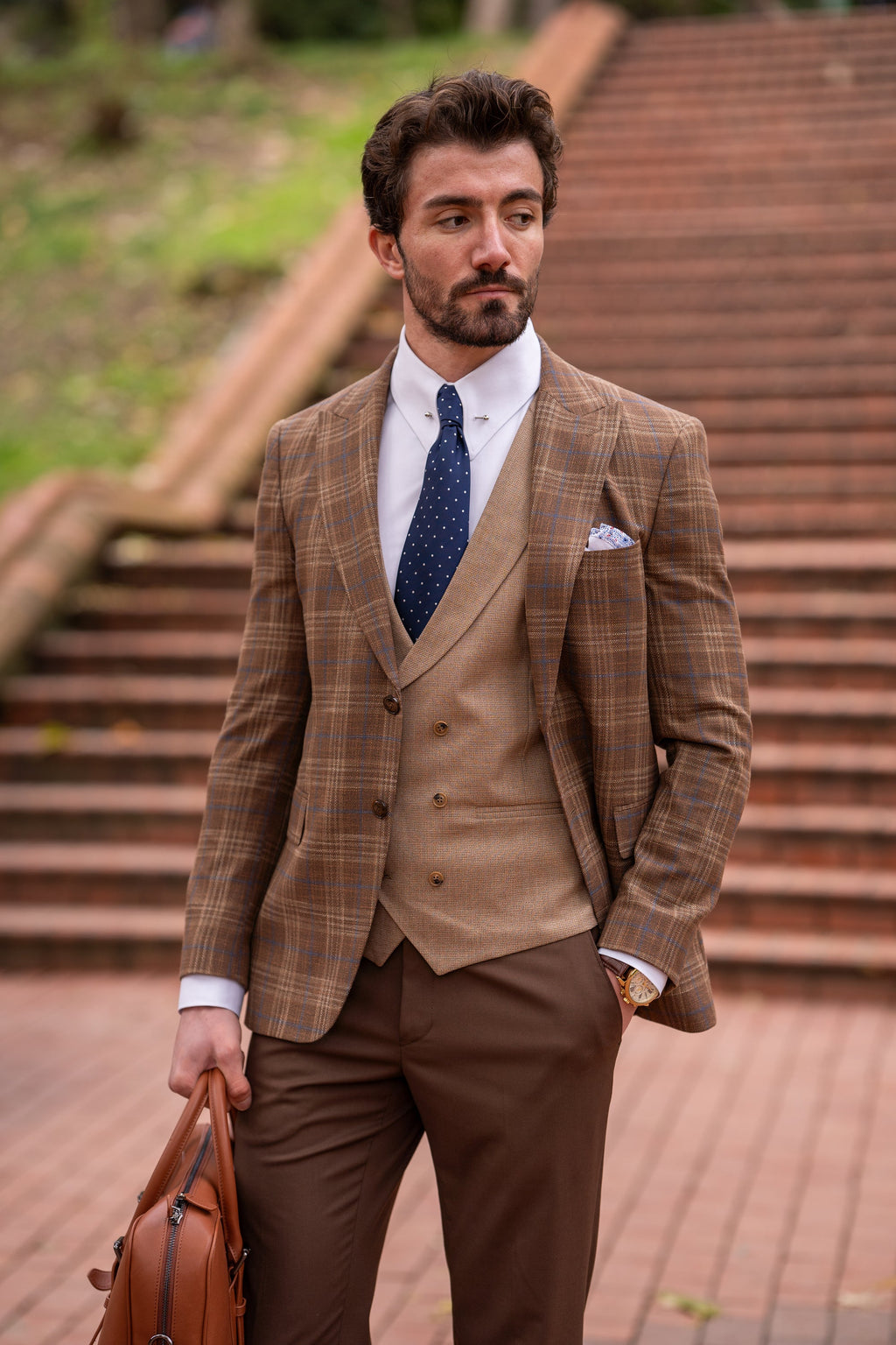 Brown Plaid Slim-Fit Suit 3-Piece