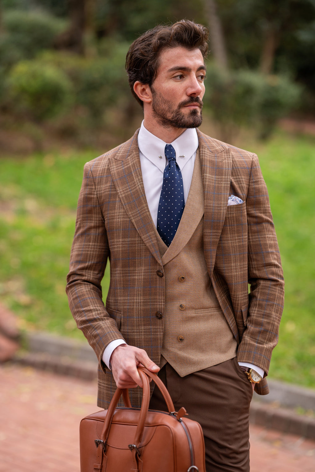 Brown Plaid Slim-Fit Suit 3-Piece