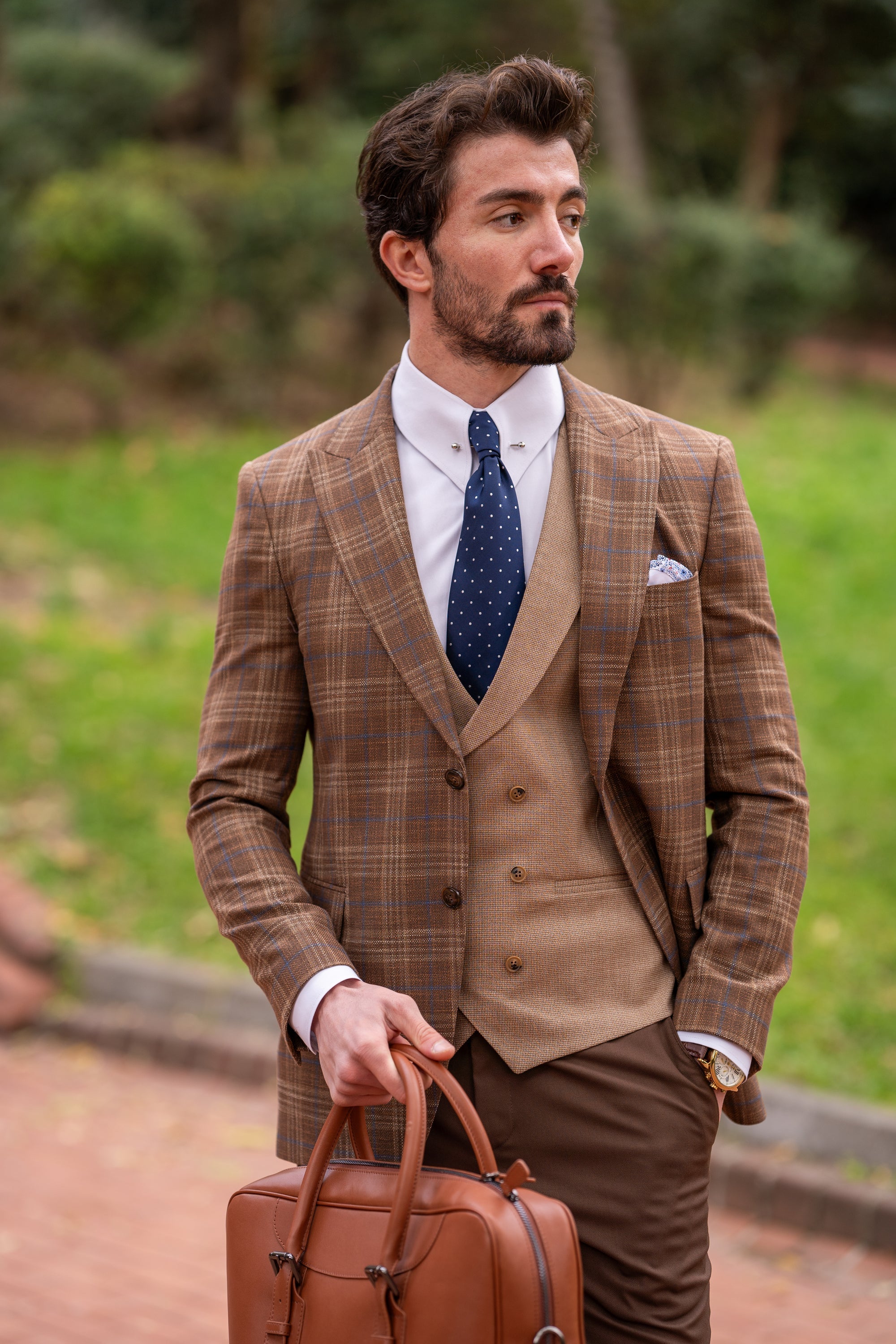 Brown Plaid Slim-Fit Suit 3-Piece