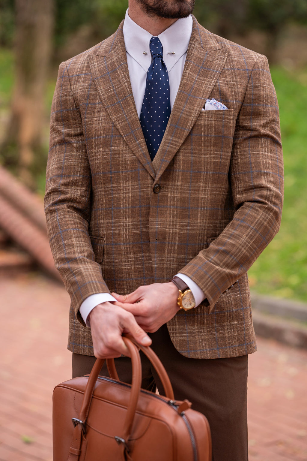 Brown Plaid Slim-Fit Suit 3-Piece