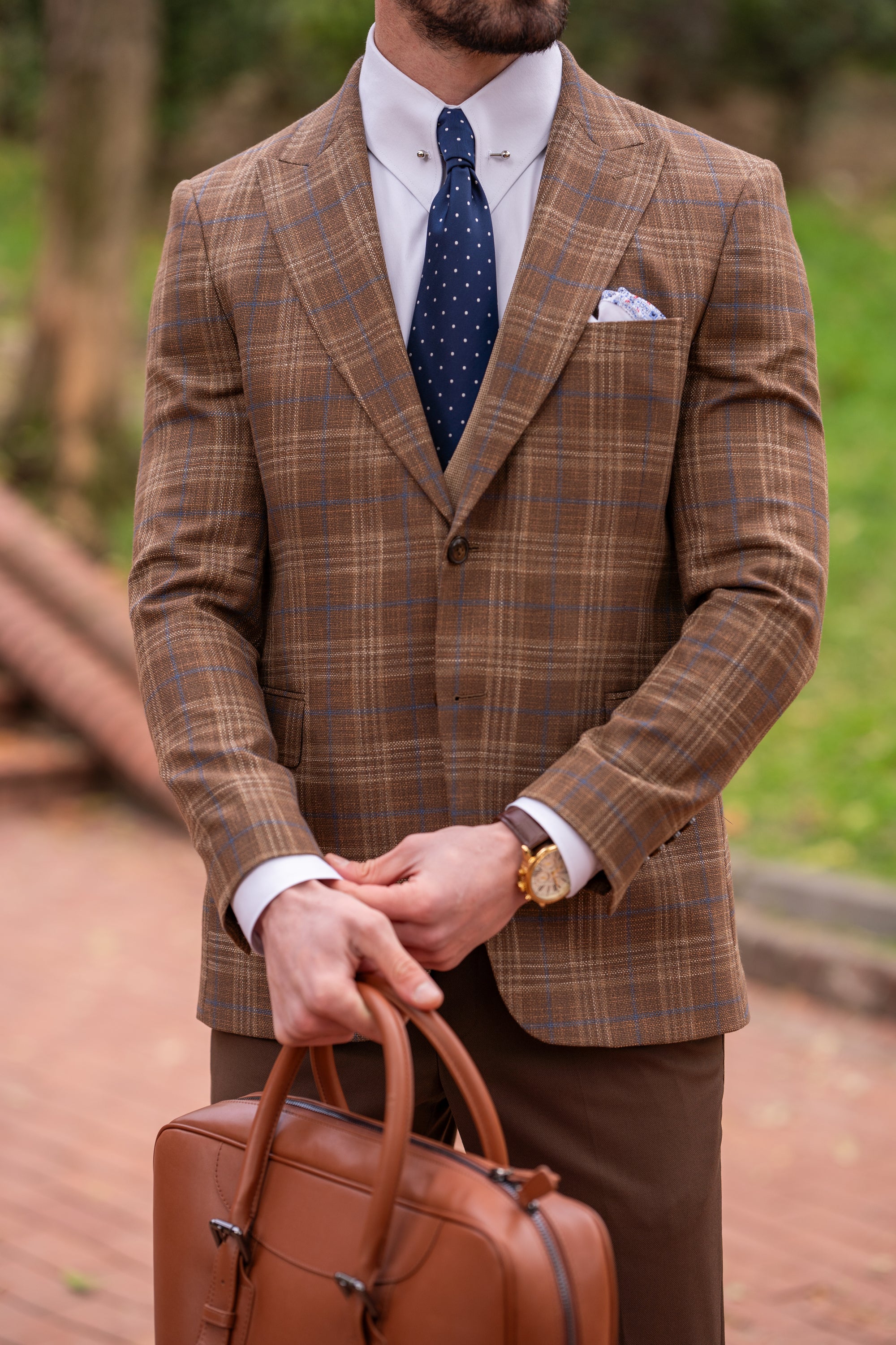 Brown Plaid Slim-Fit Suit 3-Piece