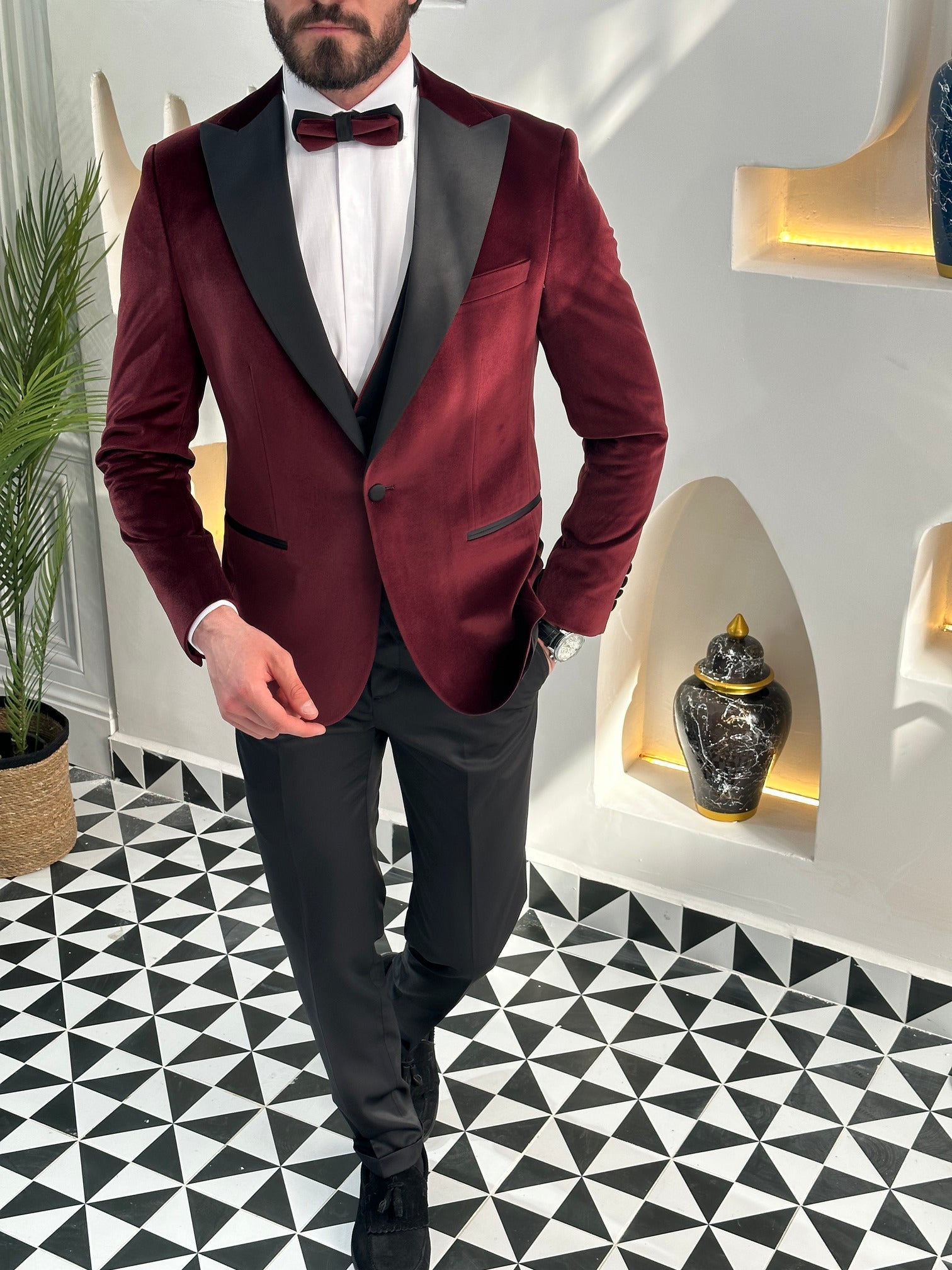 Bordeaux Velvet Slim-Fit Tuxedo 3-Piece