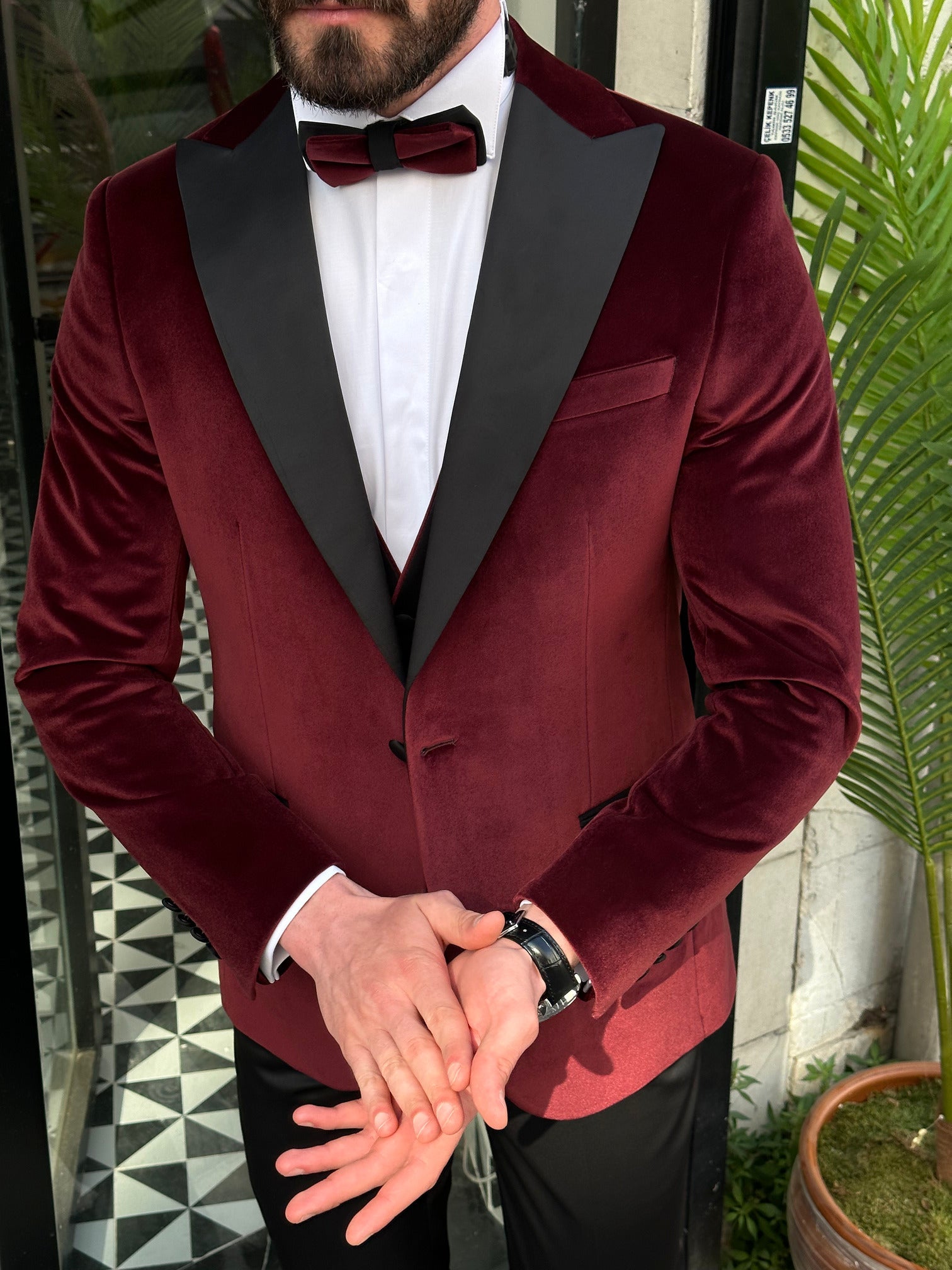 Bordeaux Velvet Slim-Fit Tuxedo 3-Piece