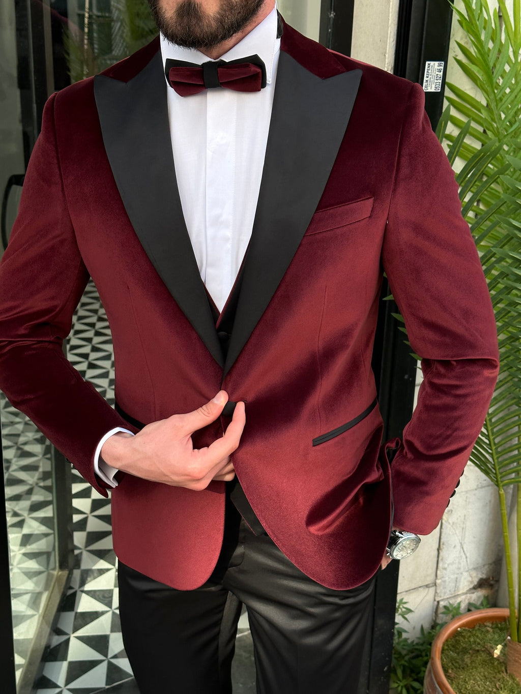Bordeaux Velvet Slim-Fit Tuxedo 3-Piece