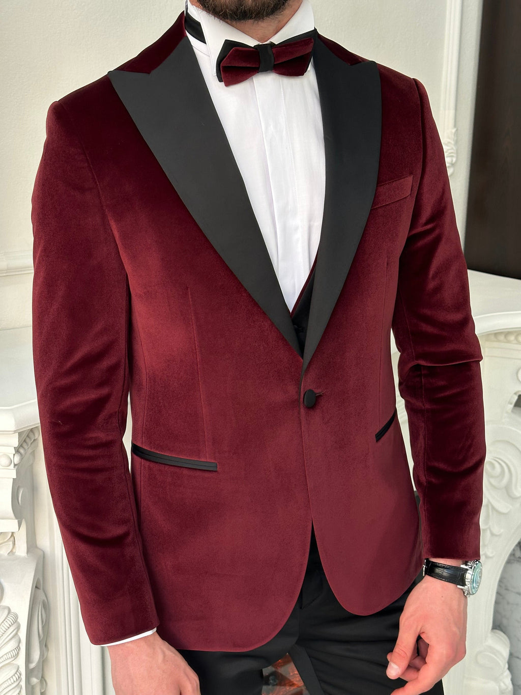 Bordeaux Velvet Slim-Fit Tuxedo 3-Piece