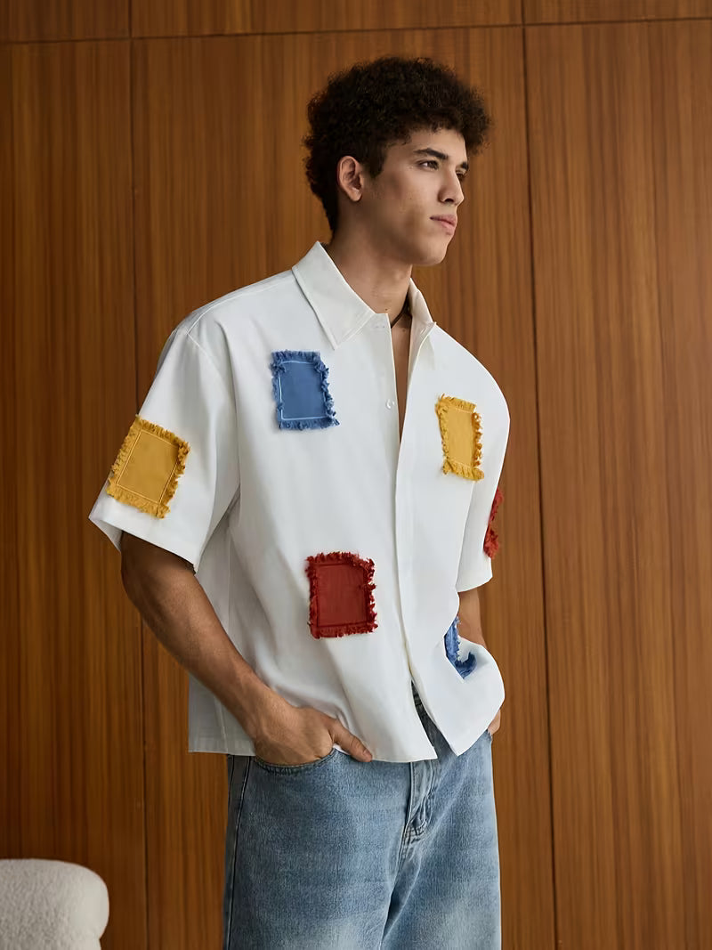 Patchwork Lapel Relaxed Fit Shirt