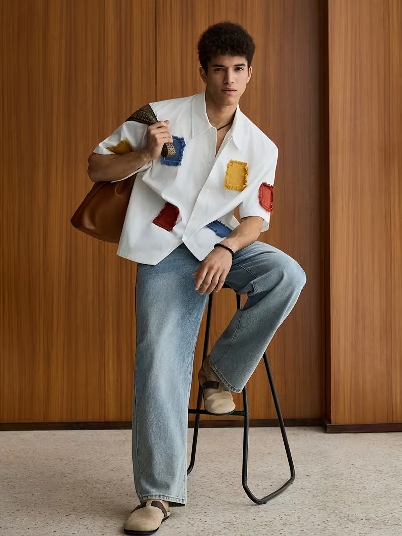 Patchwork Lapel Relaxed Fit Shirt
